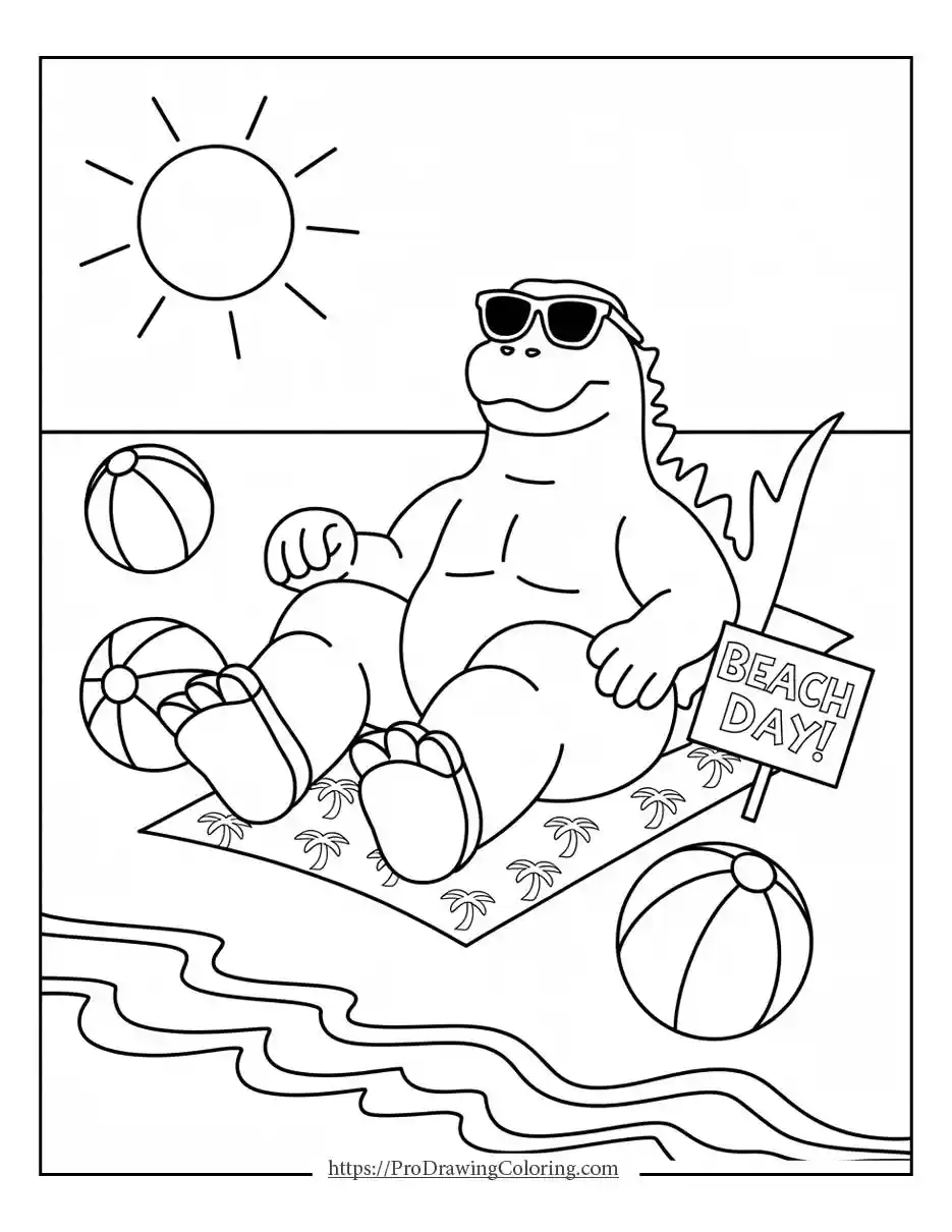 Funny Godzilla coloring page wearing sunglasses