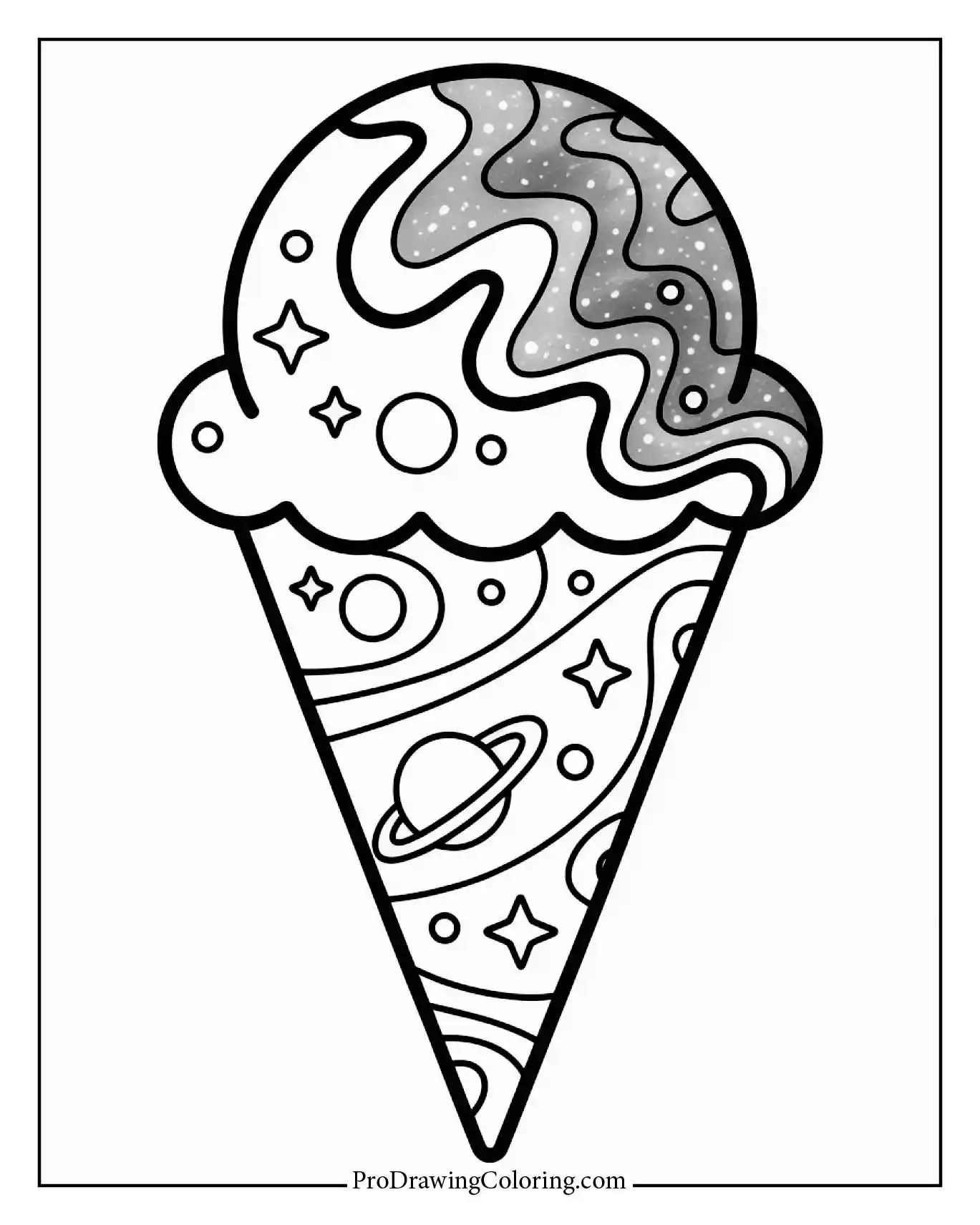 Galaxy Ice Cream Cone illustration as a creative ice cream picture to color