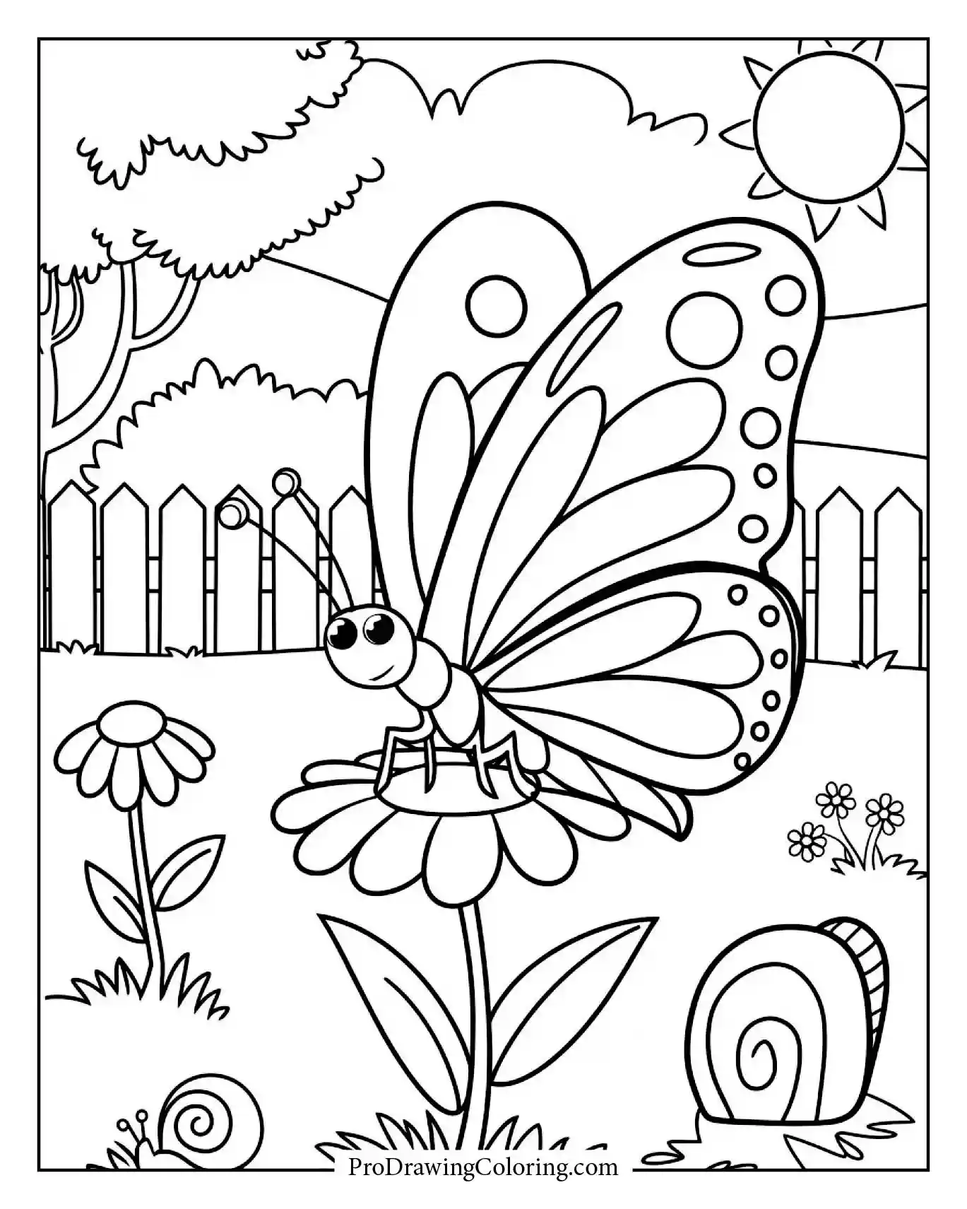 Butterfly on garden flower with snail nearby and sunny outdoor scene for coloring.