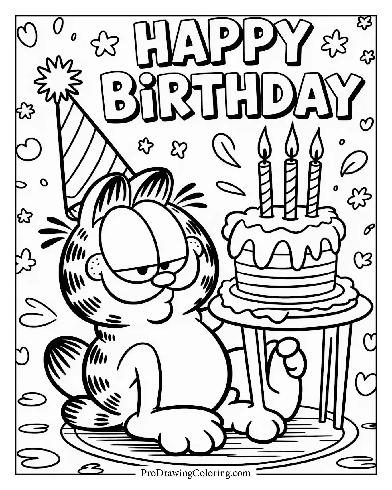 A joyful garfield lazy birthday scene, artistic Happy Birthday Coloring Page for adults.