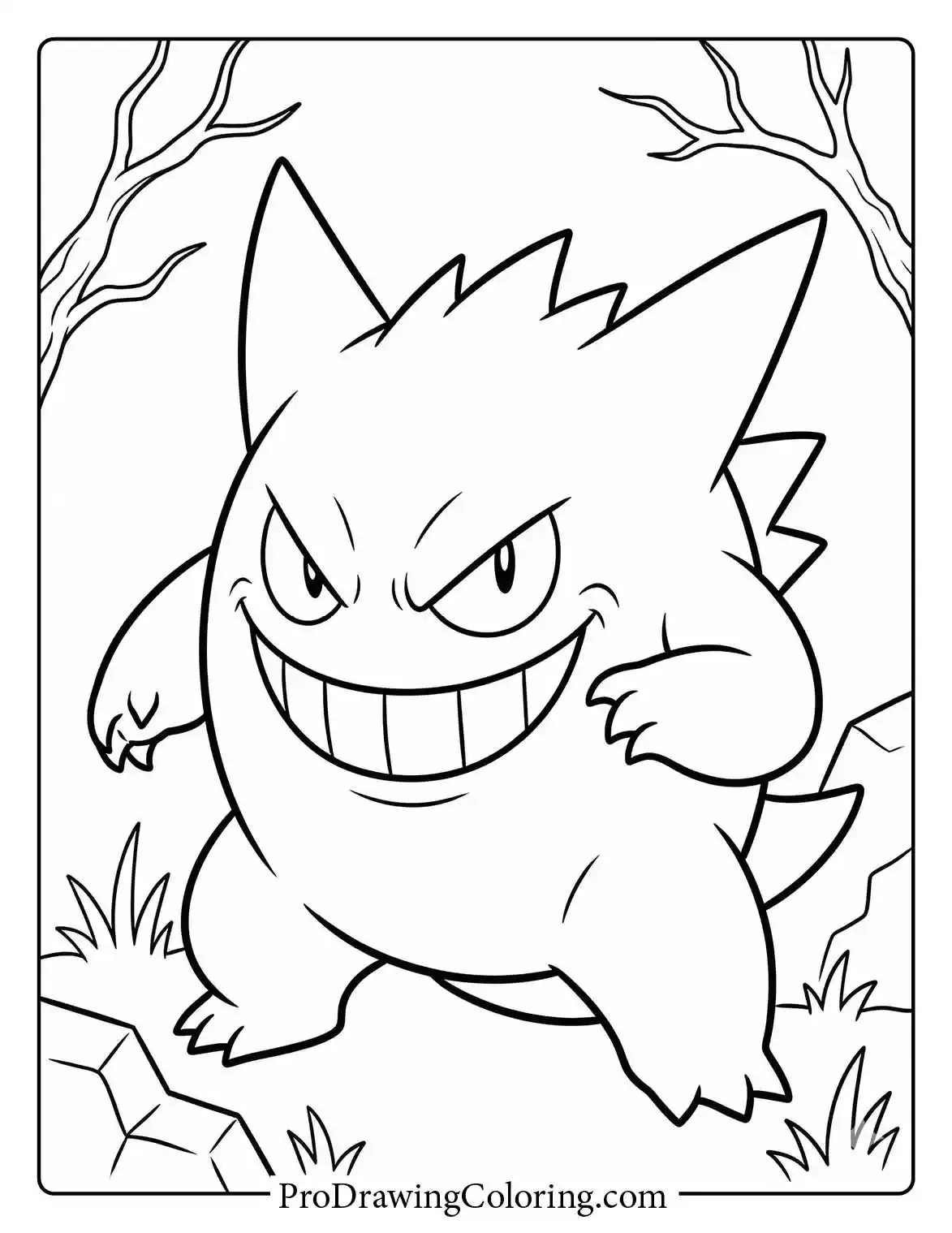 Gengar stands in a spooky forest setting, grinning mischievously with its large teeth and intimidating eyes shining brightly in the dark, perfect for a halloween coloring page.