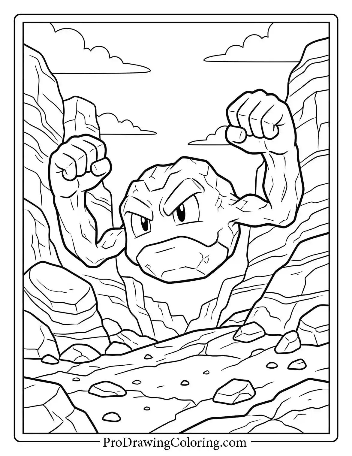 Geodude flexes its rocky muscular arms, showing off its great strength while positioned between steep stone cliffs in a canyon, a simple Pokemon coloring sheet.