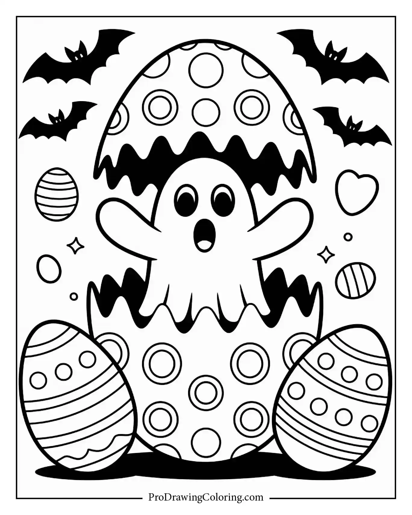 A cute ghost popping out from a Halloween-themed Easter egg. A coloring sheet illustration in Pixar-Cartoon style. Fun coloring sheet to print and color at home.