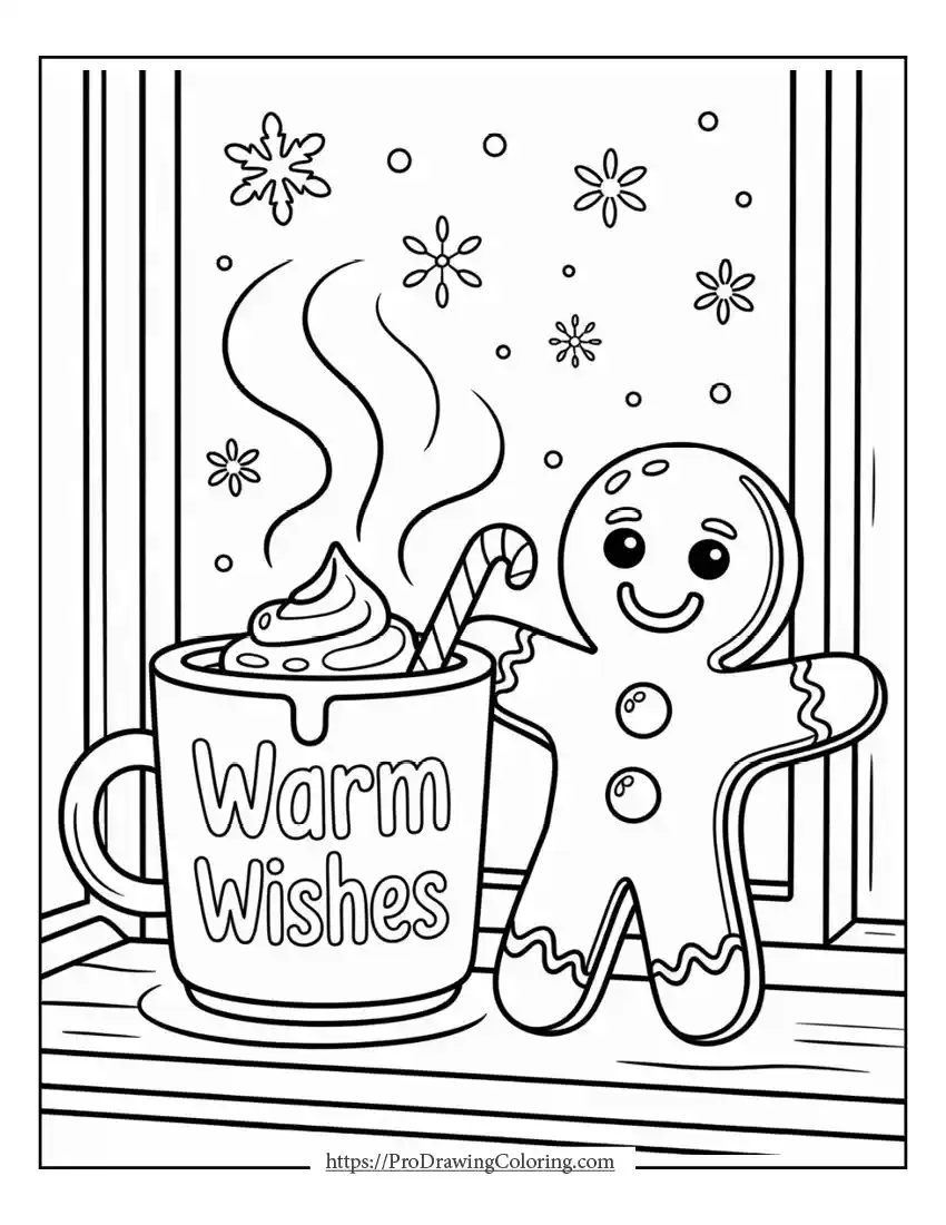gingerbread man and cocoa Gingerbread man printable coloring page holding a cup of hot cocoa