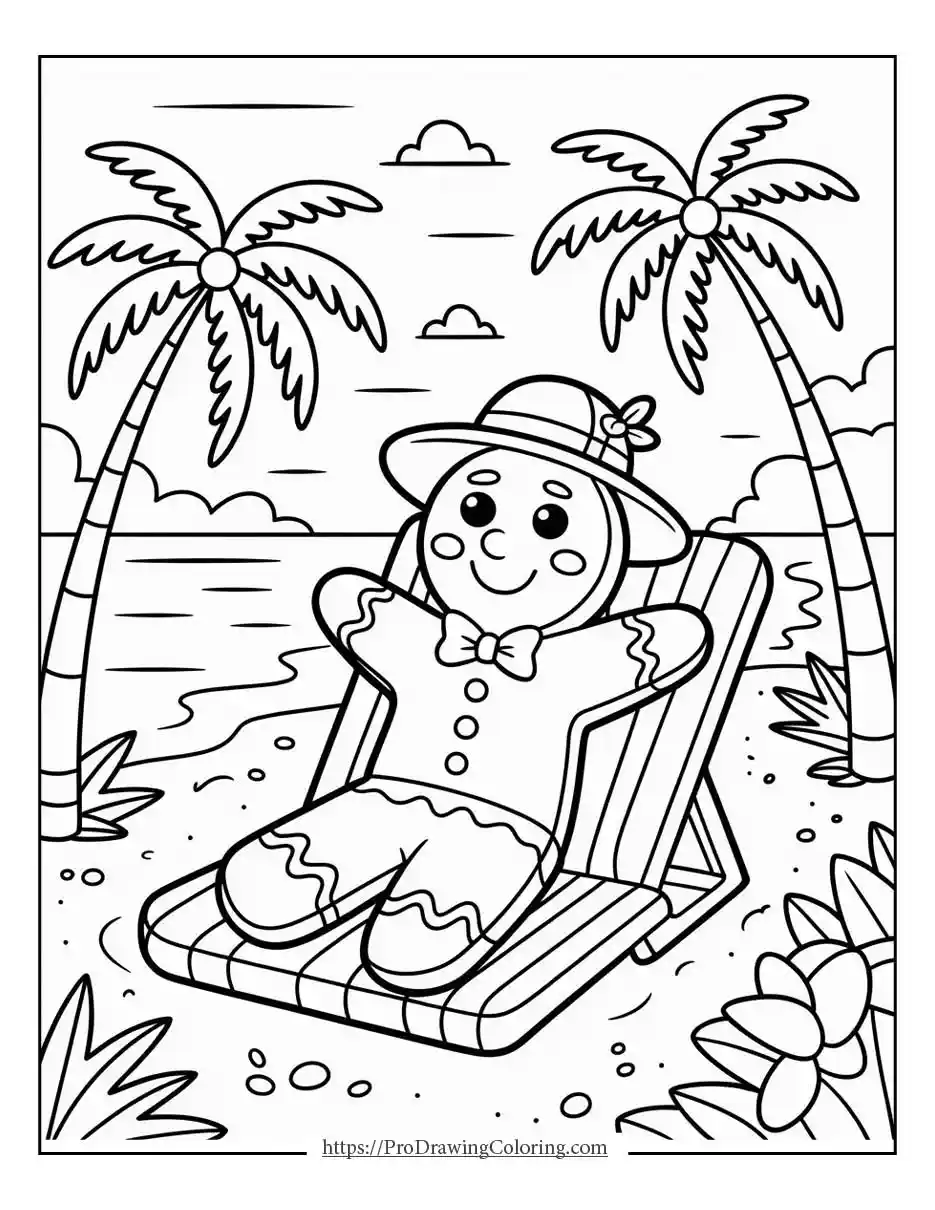 gingerbread man beach coloring page Gingerbread man coloring sheet enjoying a sunny beach with palm trees