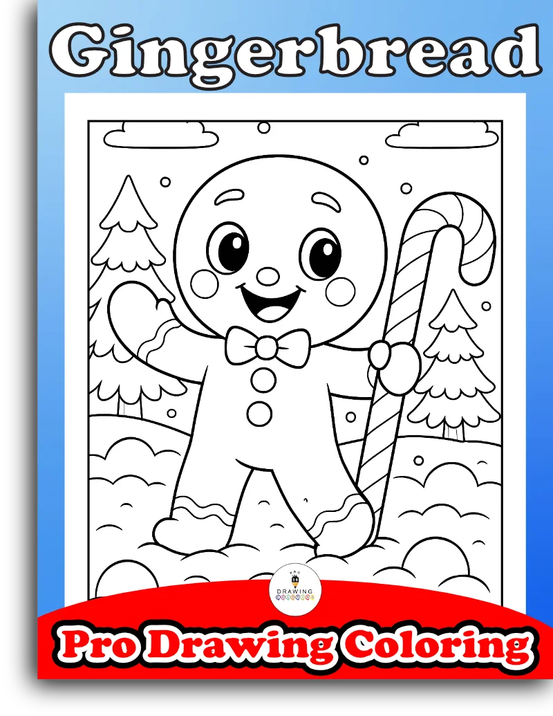 A happy gingerbread man in a winter scene, this new cartoon is an easy free printable pdf for kids.