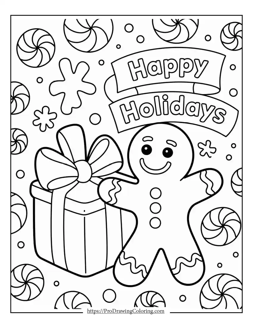 gingerbread man gift coloring page Gingerbread man holding a wrapped Christmas gift