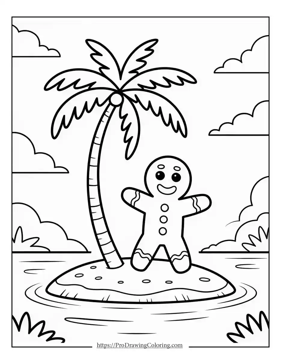 gingerbread man island printable Gingerbread man on a small tropical island with coconut trees, printable