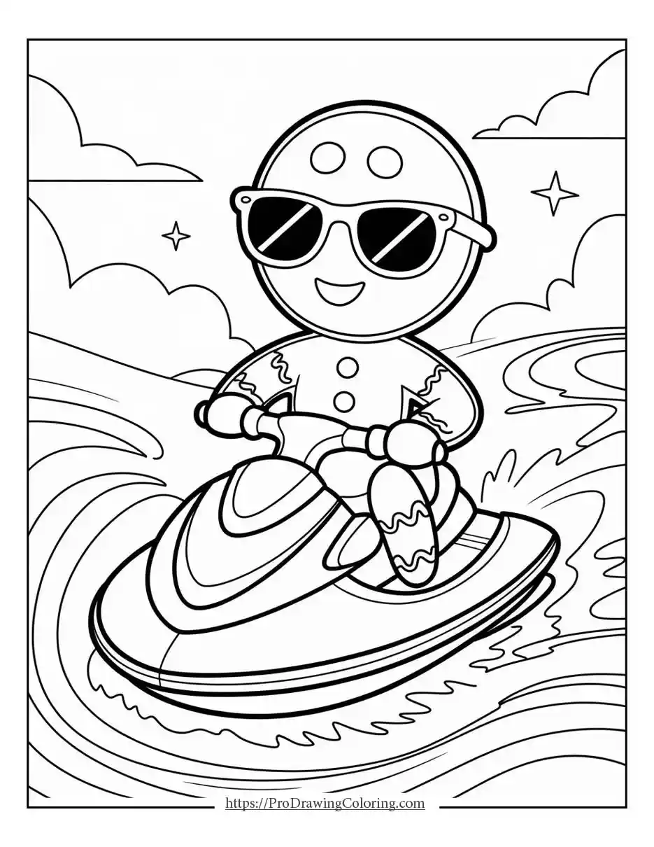 gingerbread man jet ski coloring page Fun gingerbread man coloring page riding a jet ski over ocean waves, printable design