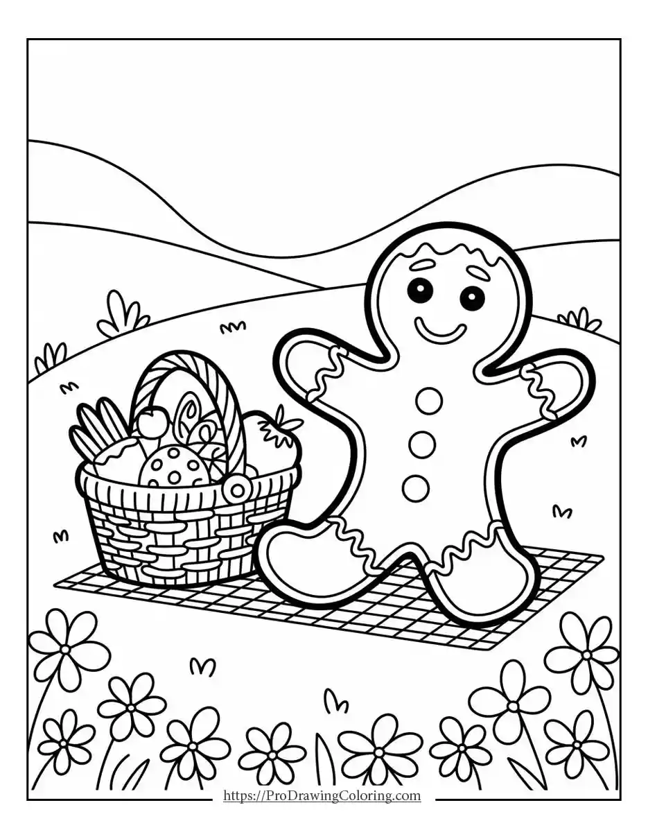 gingerbread man picnic coloring sheet Cute gingerbread man having picnic with fruits and lemonade