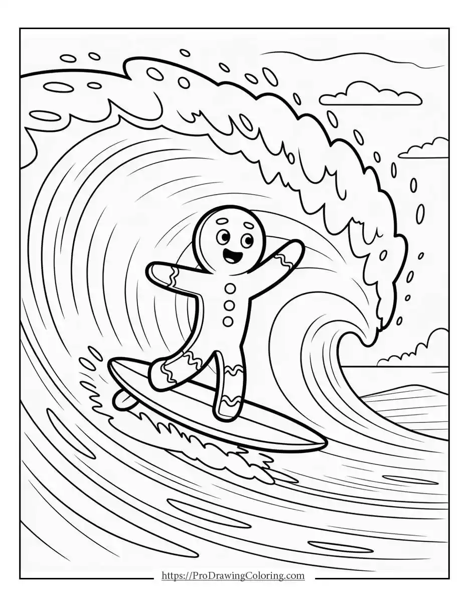 gingerbread man surfing coloring page Fun gingerbread man coloring page surfing on big ocean waves, printable