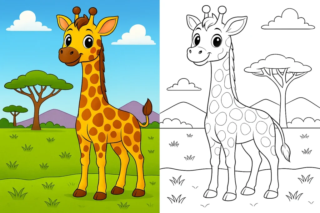 giraffe coloring pages – cute cartoon giraffe standing in the savanna with green trees, blue sky and grass; left side fully colored scene and right side identical black-and-white giraffe coloring page for kids