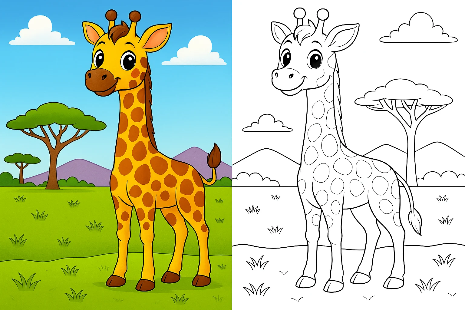 giraffe coloring pages – cute cartoon giraffe standing in the savanna with green trees, blue sky and grass; left side fully colored scene and right side identical black-and-white giraffe coloring page for kids