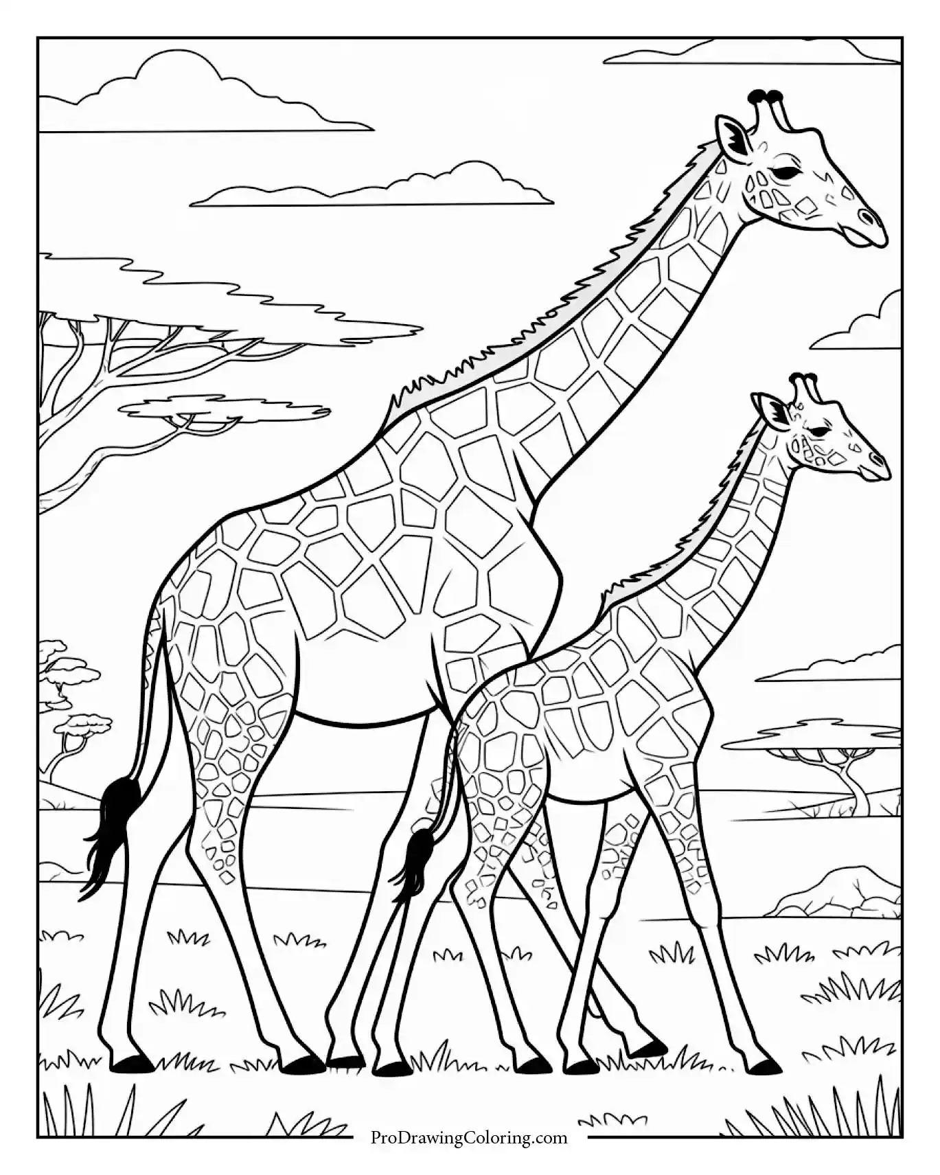 Giraffe Family On African Plain Coloring Page Giraffe family walking through African plain, printable giraffe coloring page for adults.