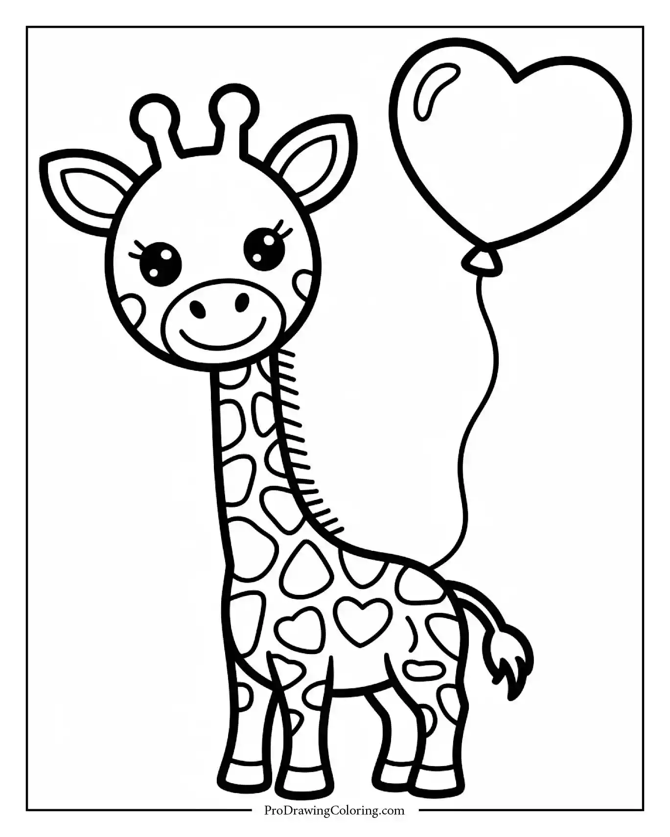 giraffe holding heart balloon printable coloring page Adorable giraffe holding heart balloon, lovely giraffe coloring sheet for children.