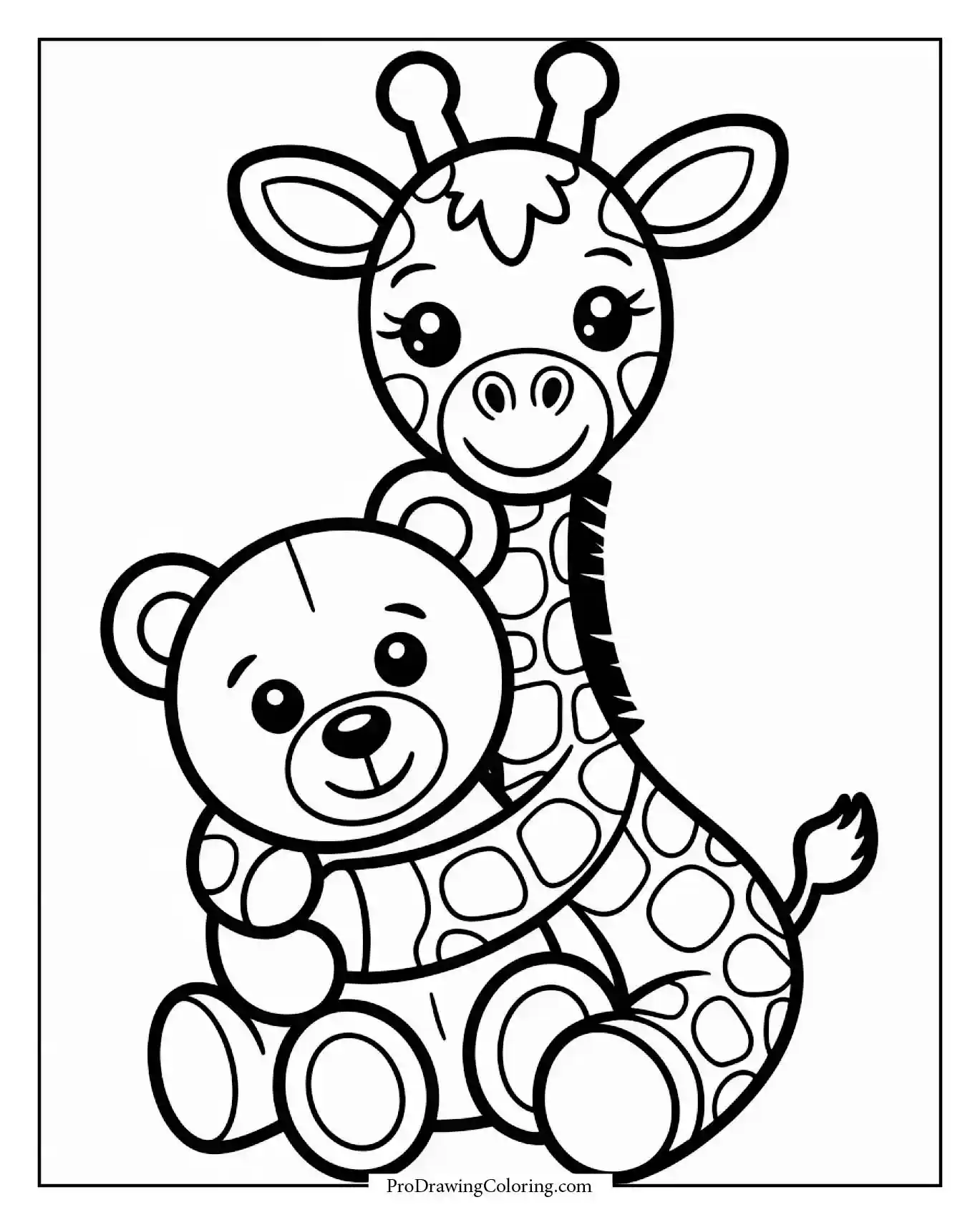 giraffe hugging teddy bear printable Adorable giraffe hugging teddy bear, printable giraffe coloring sheet for children.