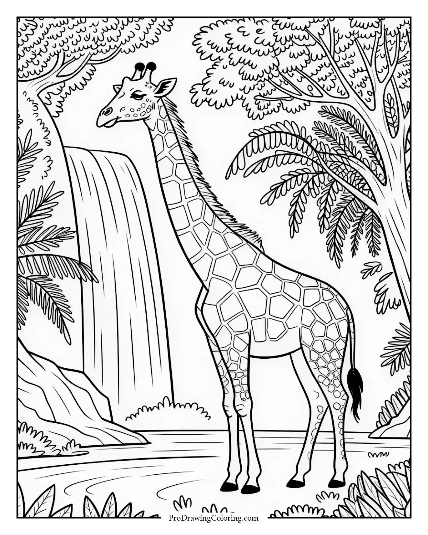 giraffe near waterfall coloring page Beautiful giraffe standing near waterfall, detailed printable giraffe coloring page for adults.