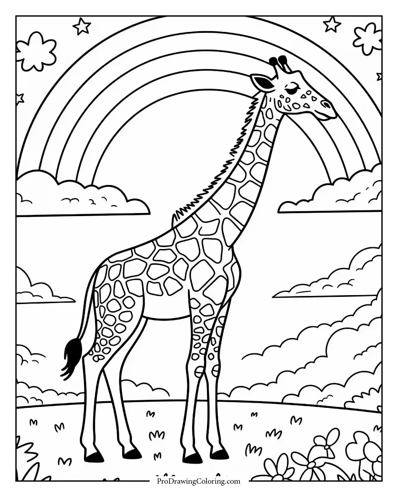 Giraffe Painting Rainbow Coloring Page Creative giraffe painting rainbow in the sky, printable giraffe coloring page for kids.