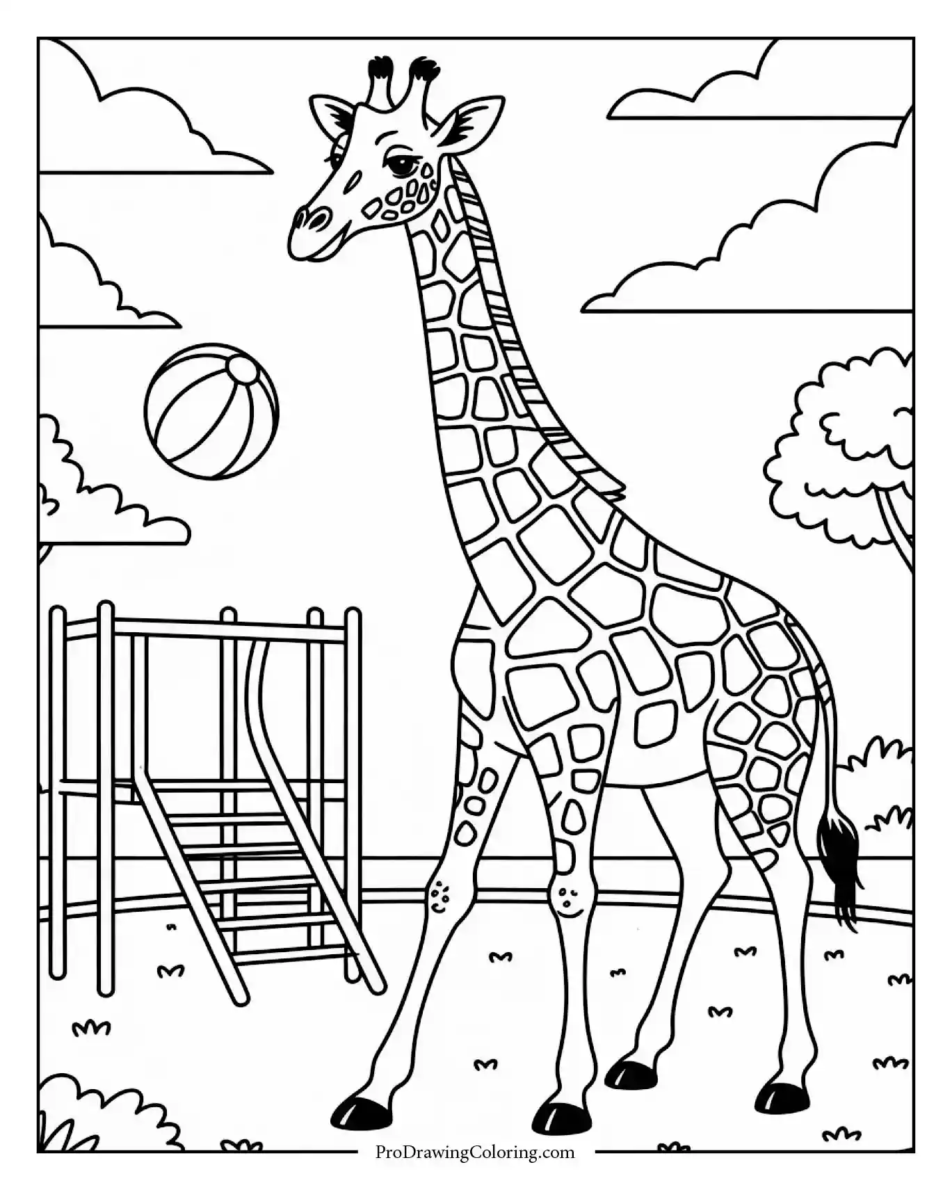 Giraffe Playing Ball In Park Coloring Sheet Adorable giraffe playing ball in playground, printable giraffe coloring sheet for kids.