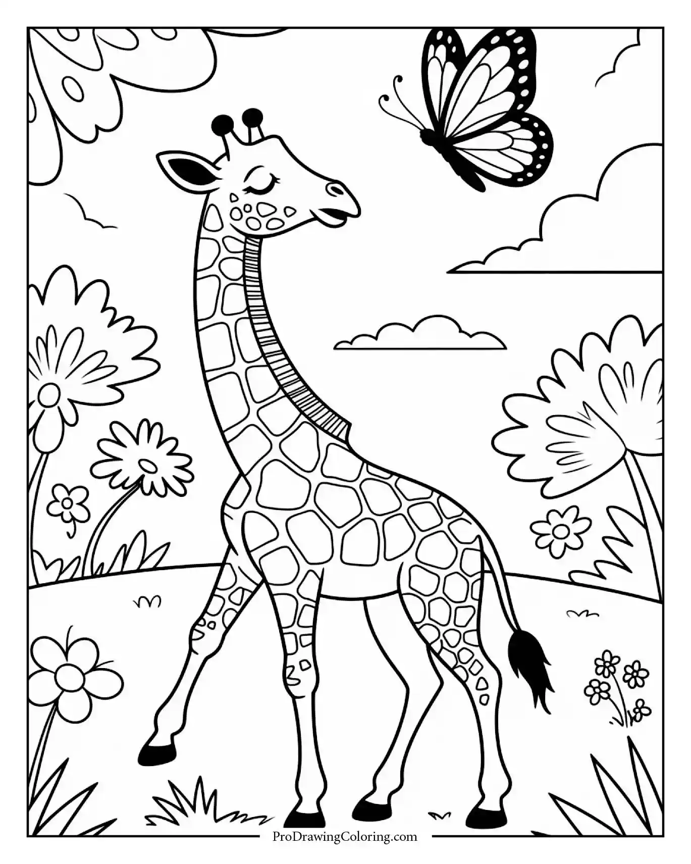 giraffe playing with butterfly to print Playful giraffe looking at butterfly, cute printable giraffe coloring page for kids.