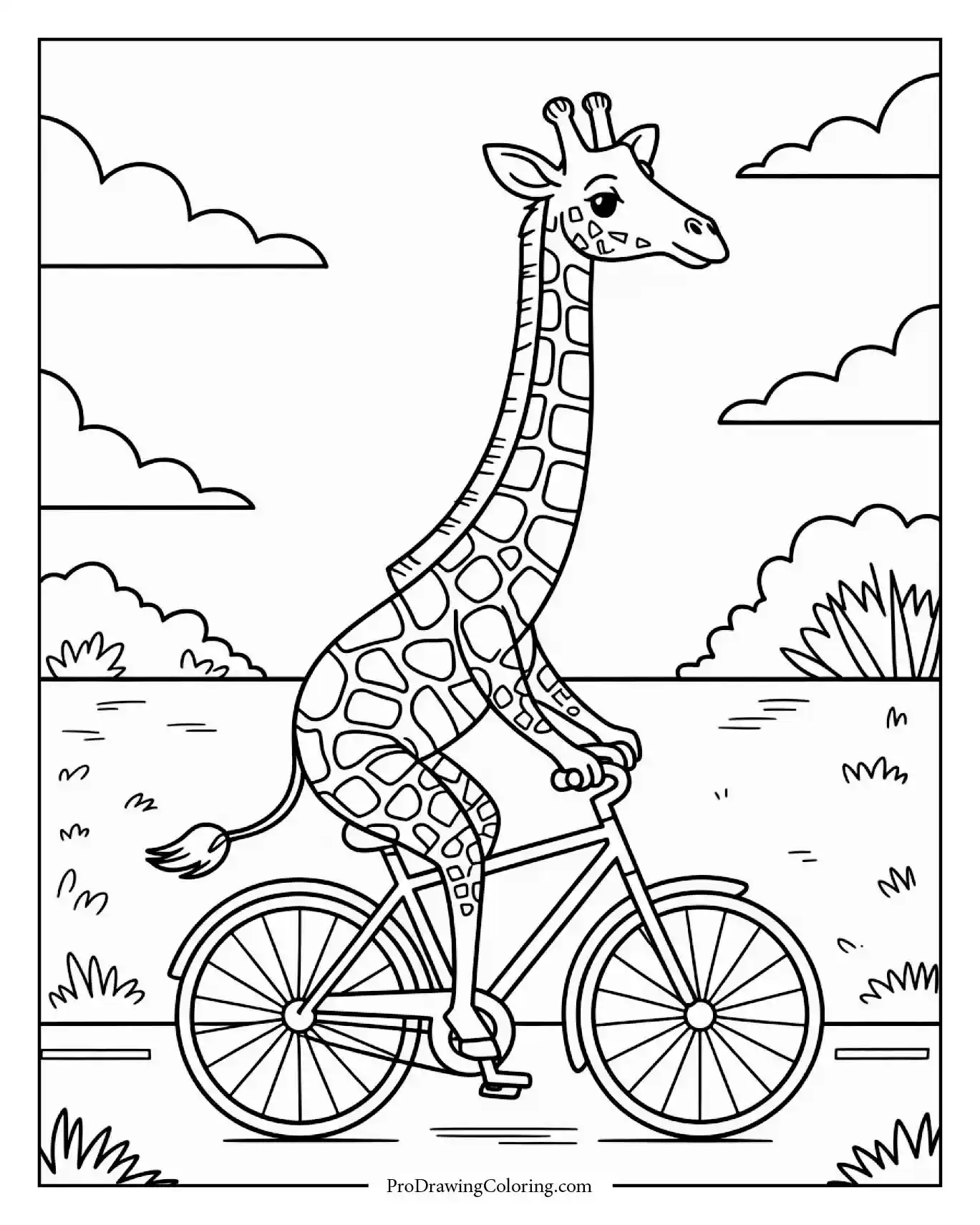 Giraffe Riding Bicycle Printable Funny giraffe riding bicycle, easy printable giraffe coloring page for kids.