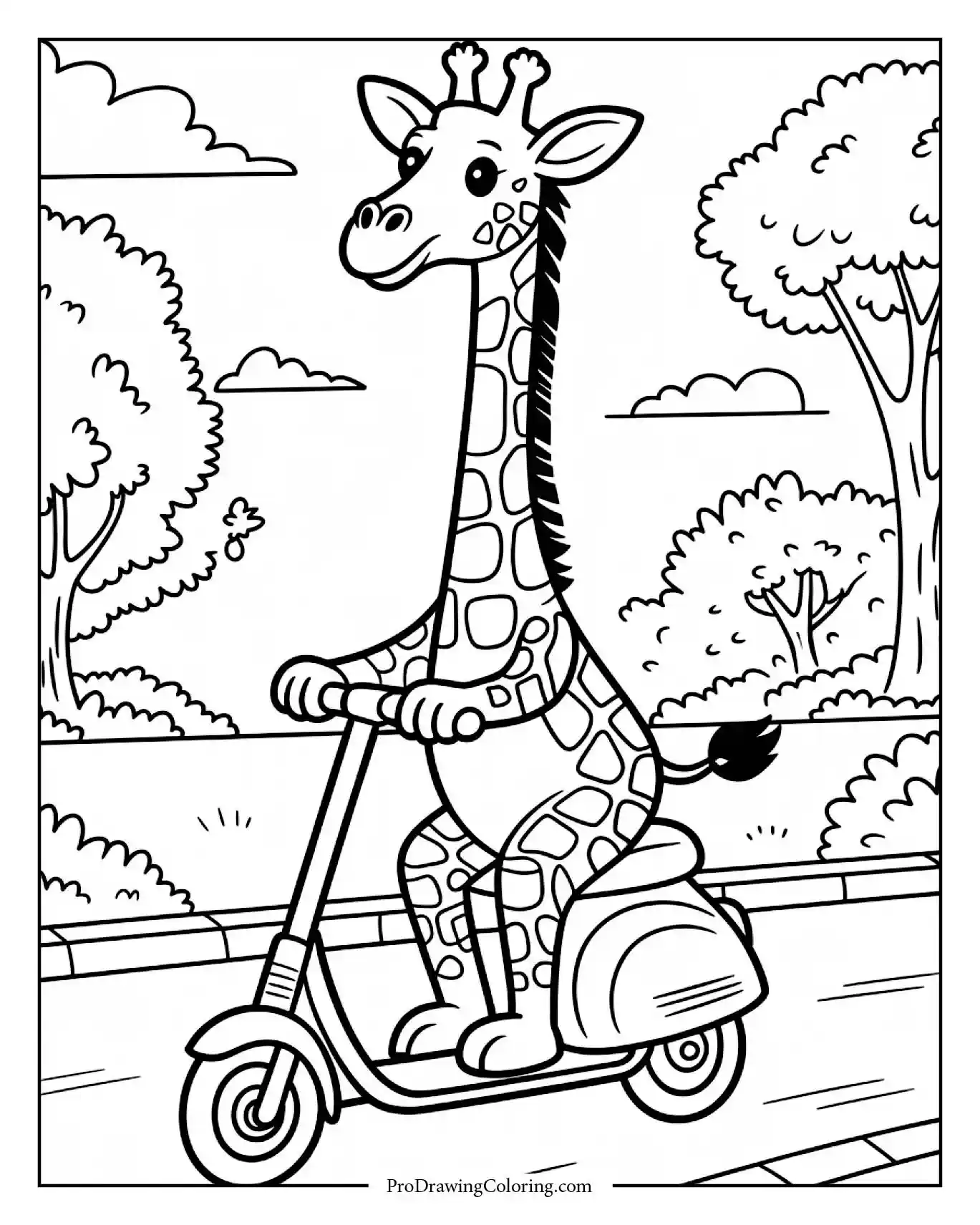Giraffe Riding Scooter Coloring Page Fun cartoon giraffe riding scooter, printable giraffe coloring page for kids.
