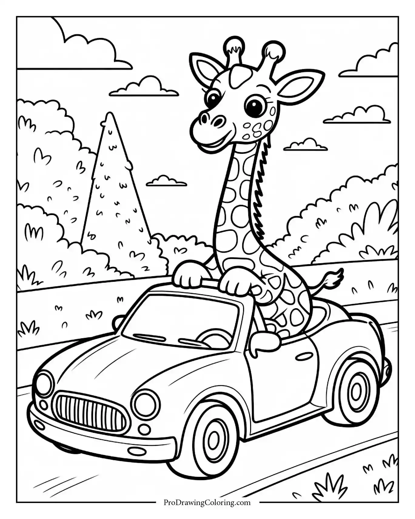 giraffe riding toy car coloring page Funny giraffe riding toy car, fun printable giraffe coloring page for kids.