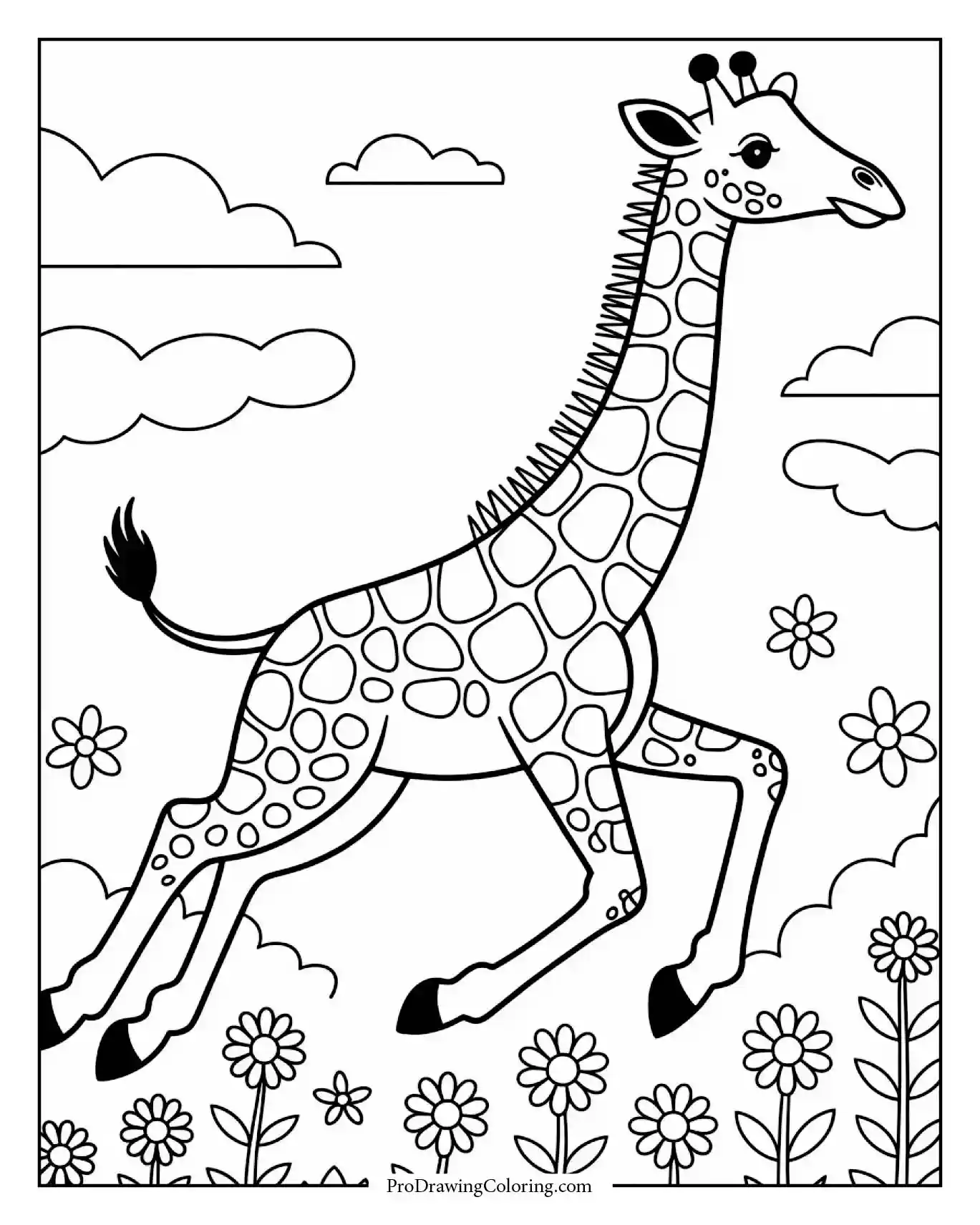 Giraffe Running In Flower Garden Printable Happy giraffe running in flower garden, fun printable giraffe coloring page.