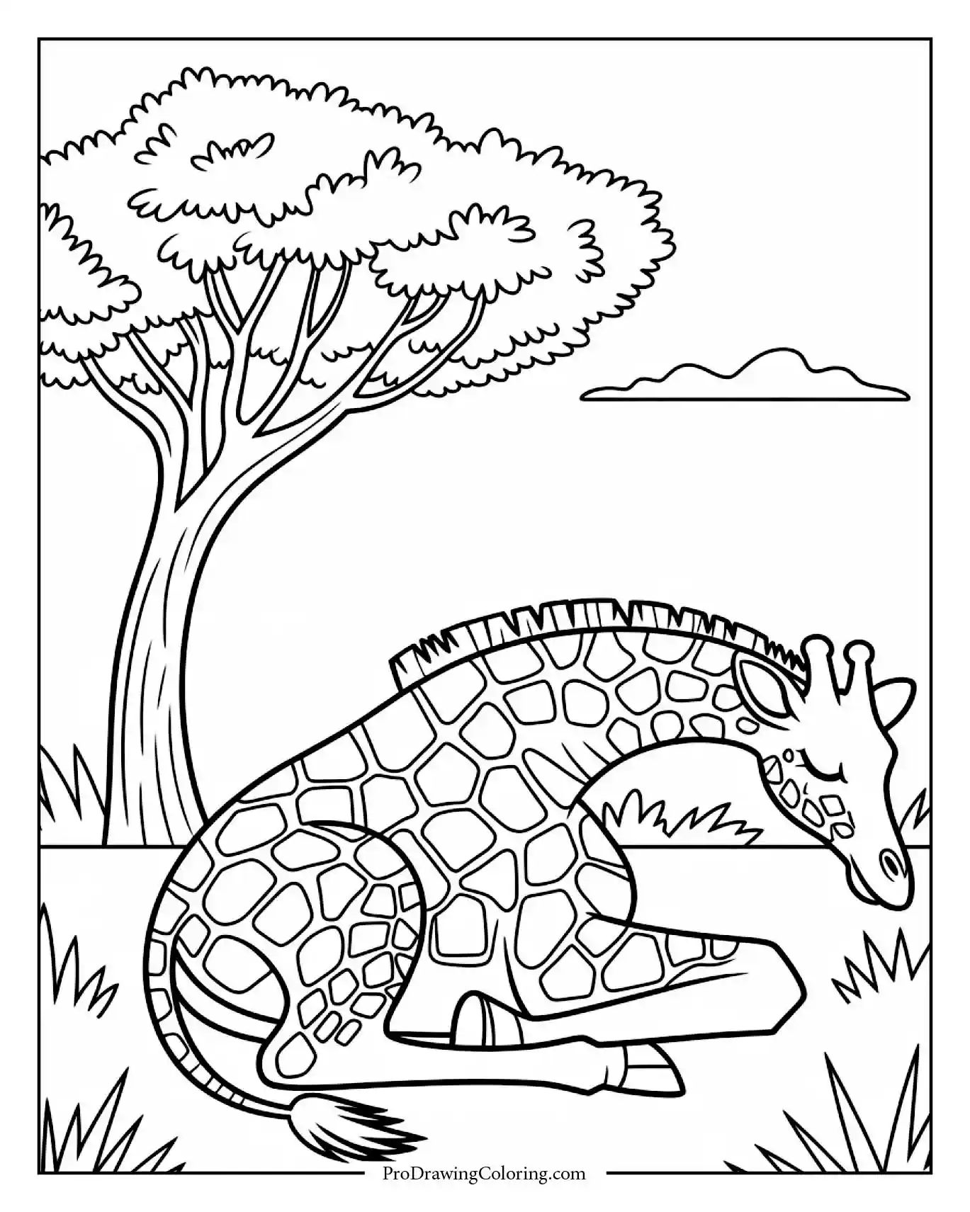 giraffe sleeping under tree Peaceful giraffe sleeping under tree, relaxing printable giraffe coloring page for kids.