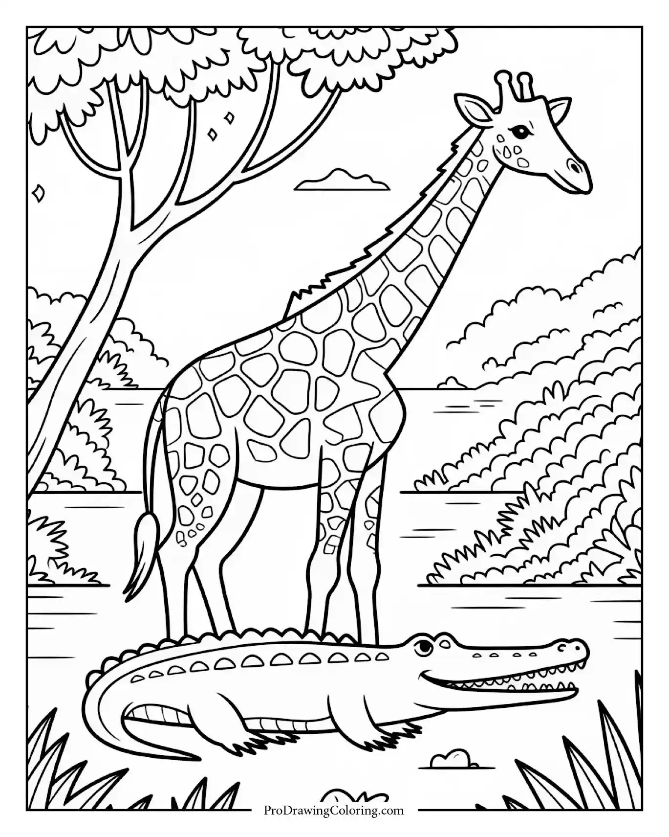 Giraffe With Crocodile By River Printable Unique giraffe with crocodile near river, printable giraffe coloring page for adults.