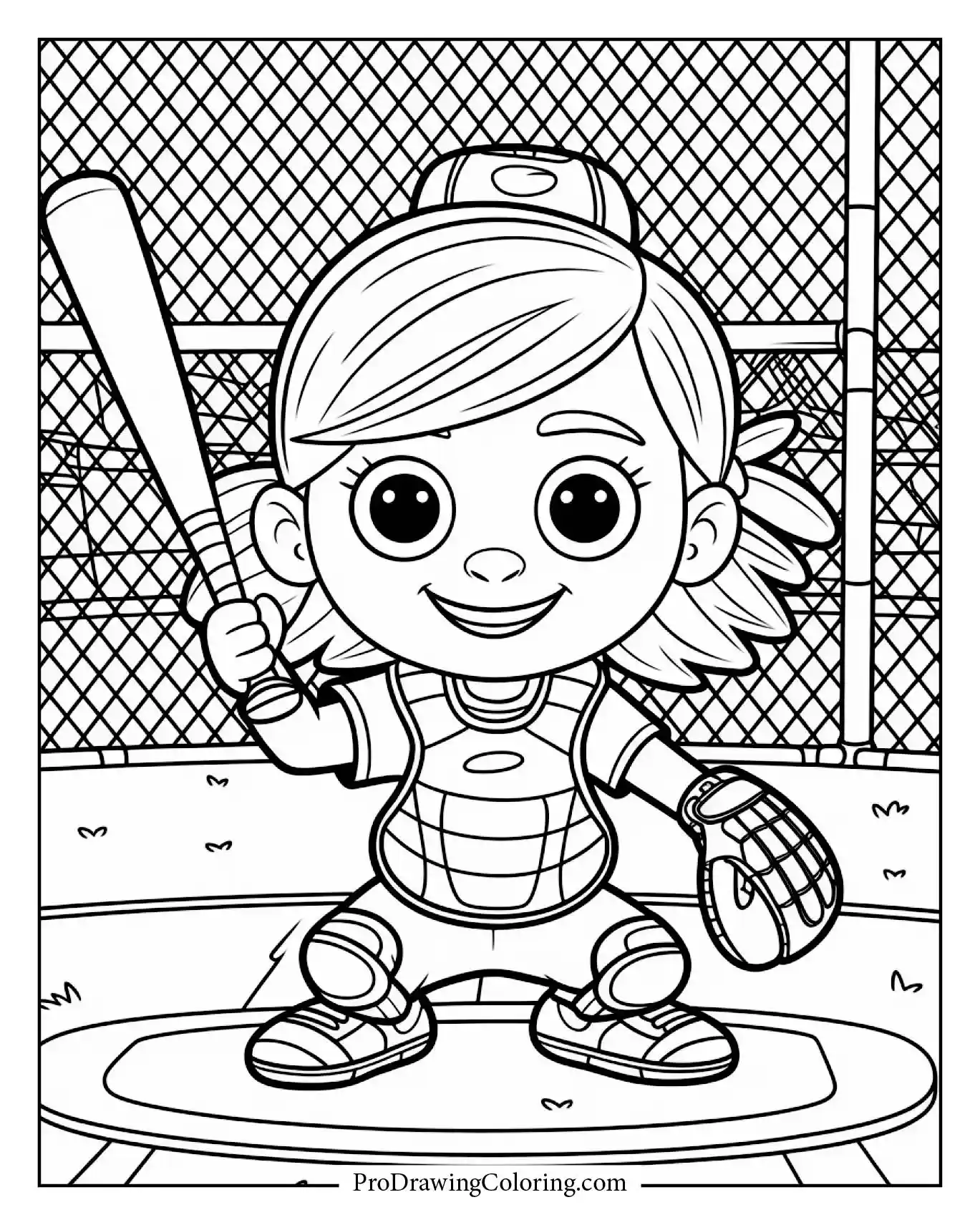 Girl Catcher Behind Plate, ideal printable Baseball Coloring Page full of energy.