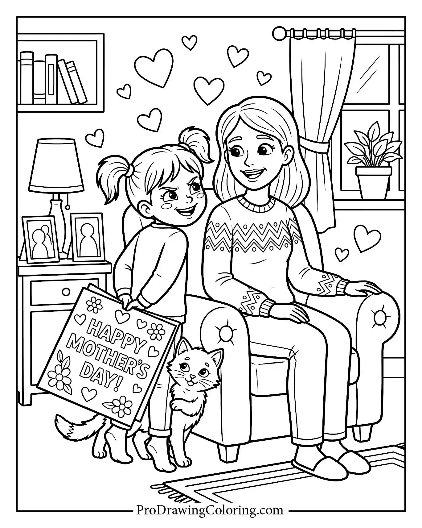 Cute little girl presenting a large greeting card to her mother in the living room. A lovely mother and daughter coloring page.