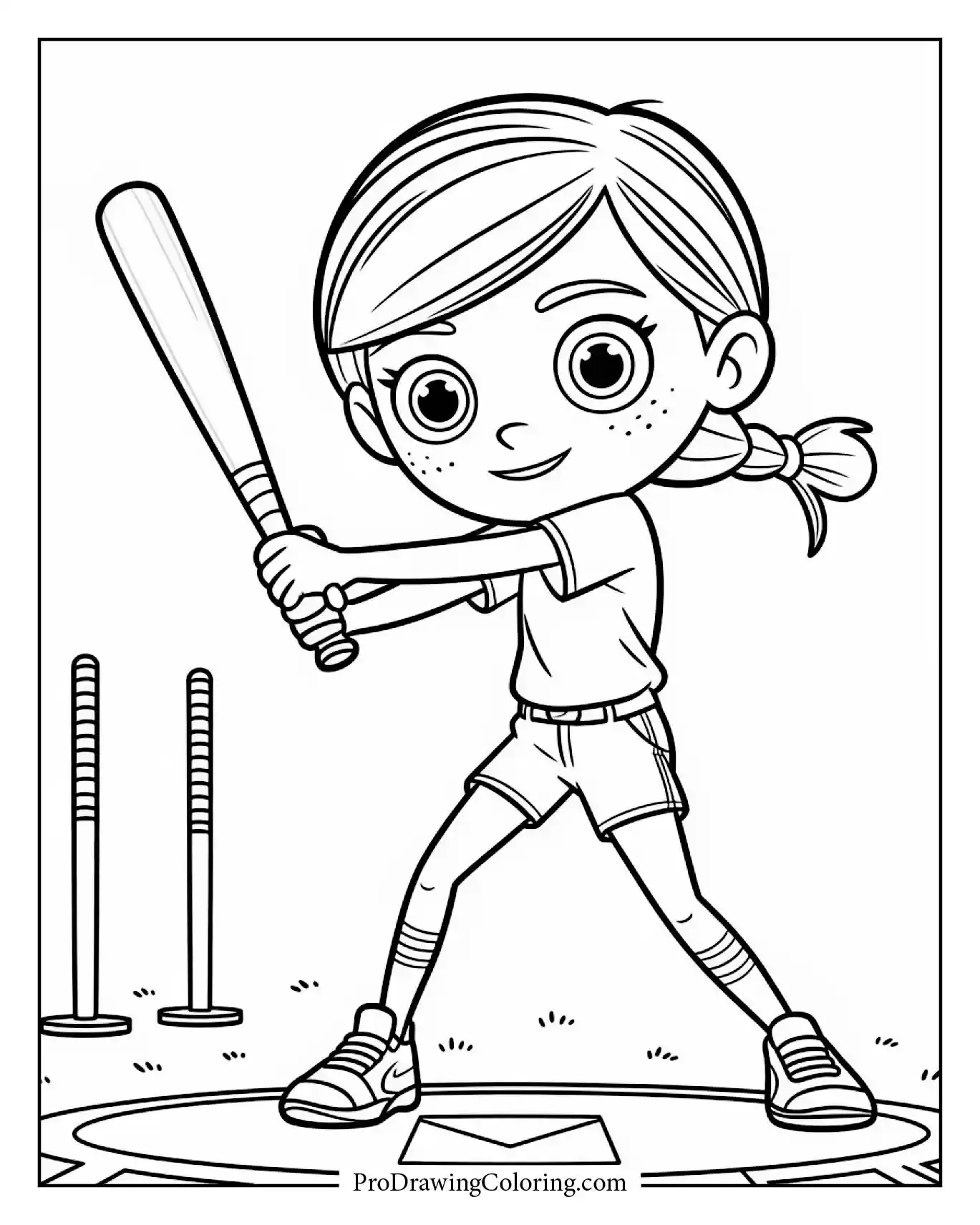Girl Practicing Batting, printable Baseball Coloring Page for children.