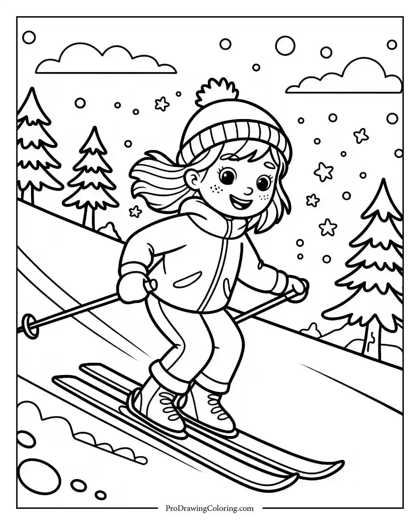 girl skiing winter coloring page Girl skiing down snowy winter mountain slope