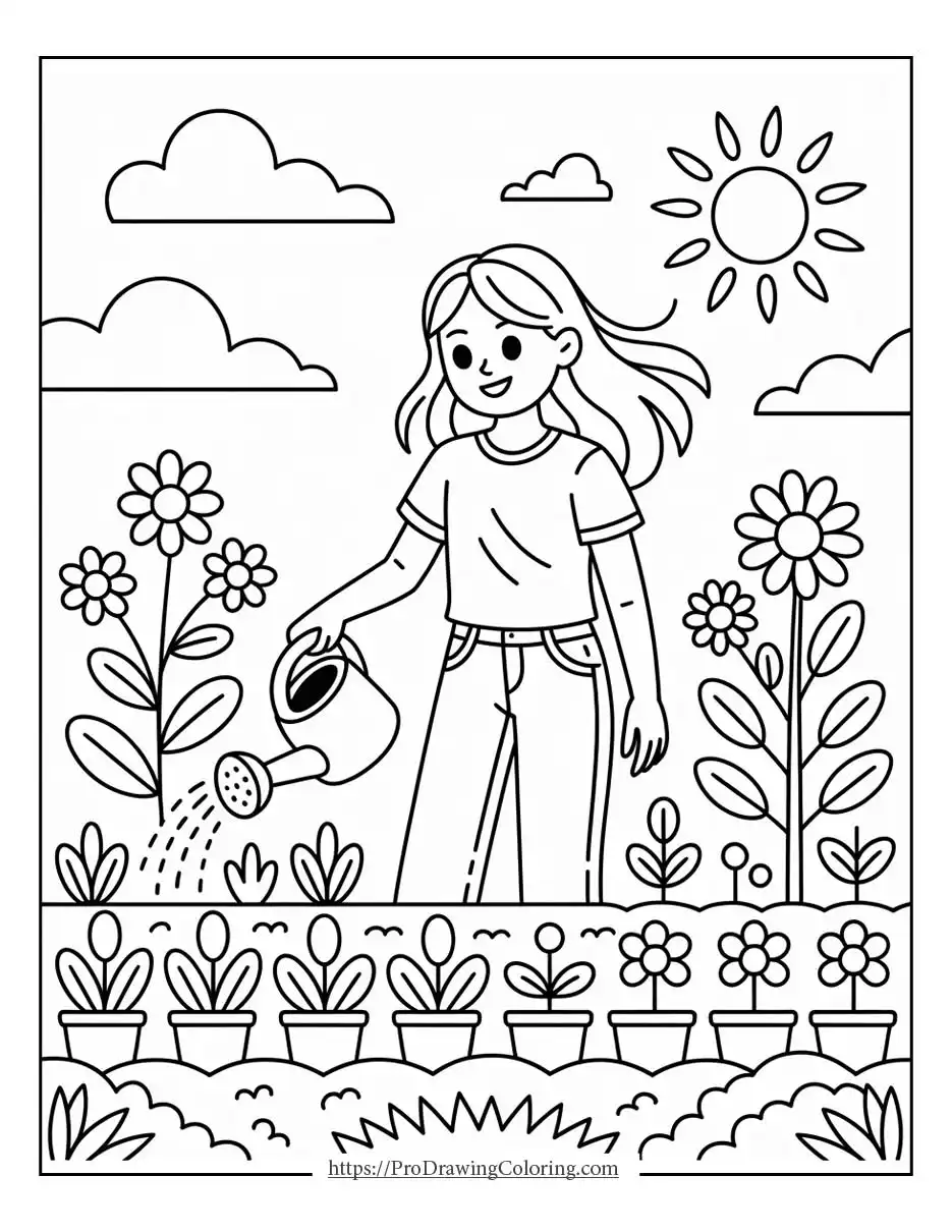 girl watering plants in a spring garden with flowers, sunshine, and clouds in the sky
