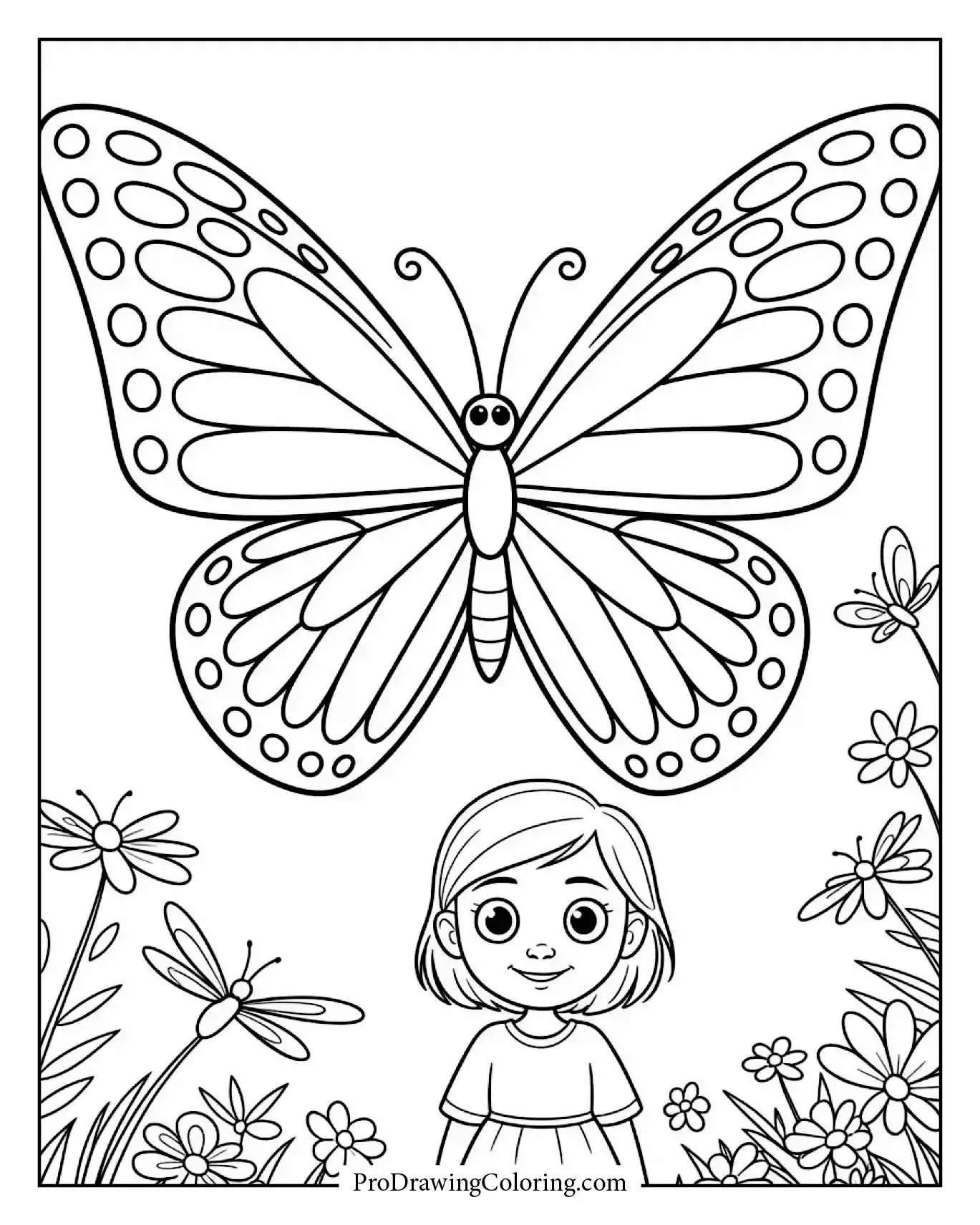 Cute girl in garden standing near huge butterfly above flowers.