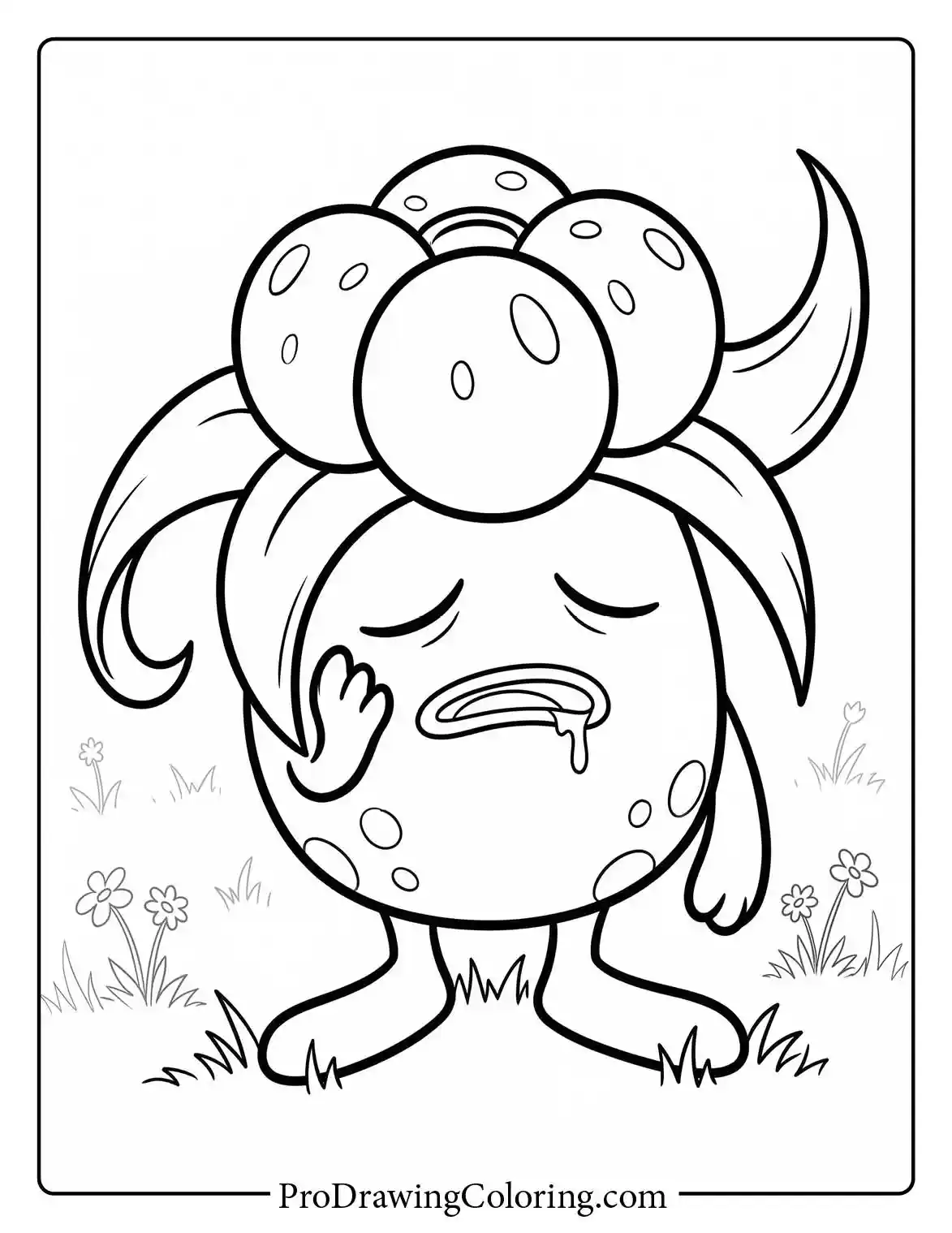 Printable of Gloom standing quietly with its eyes closed, displaying the large, heavy plant growing on its head in a grassy spring field.