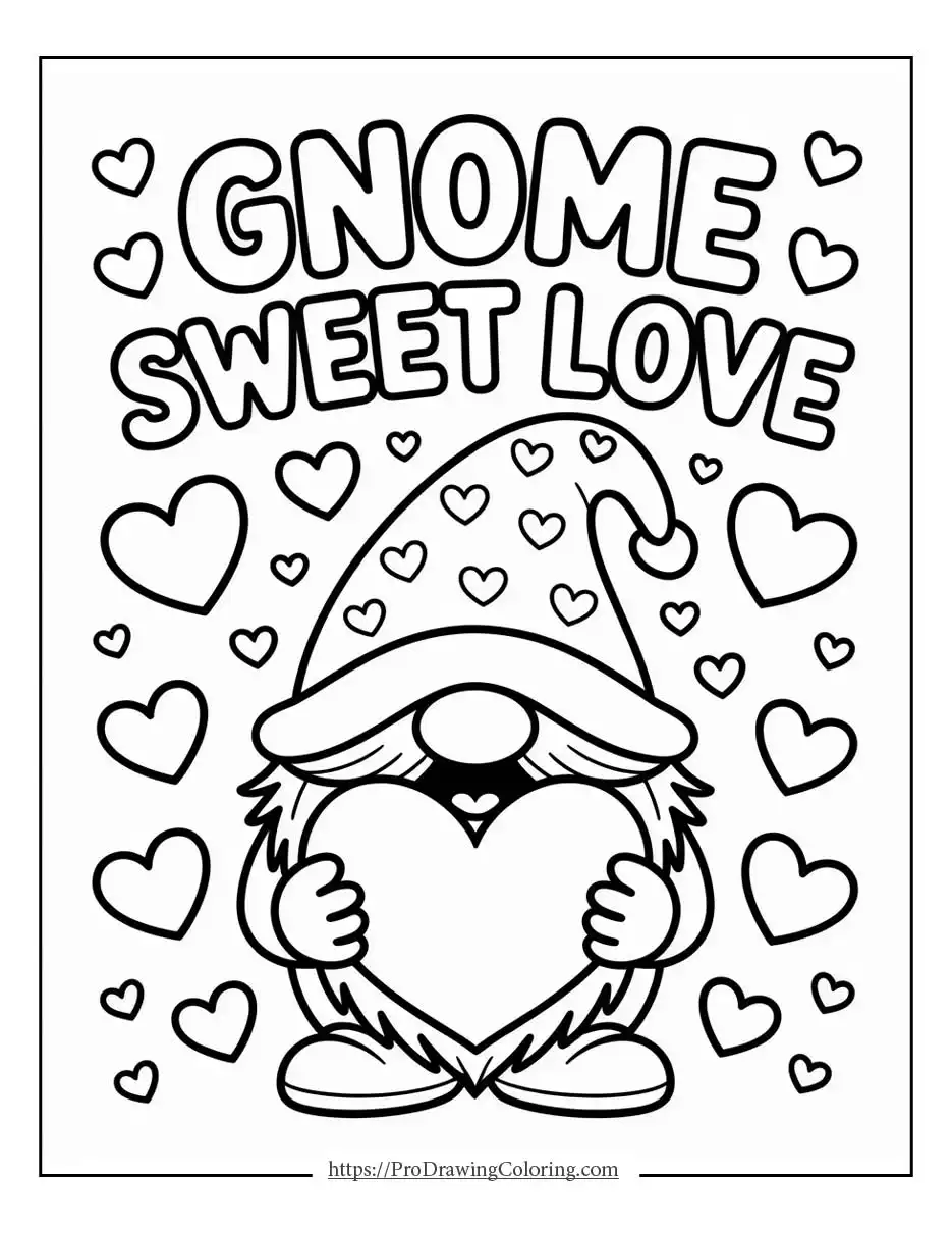 Gnome Valentine’s Day coloring pages holding a heart, cute printable gnome coloring page for valentine’s day