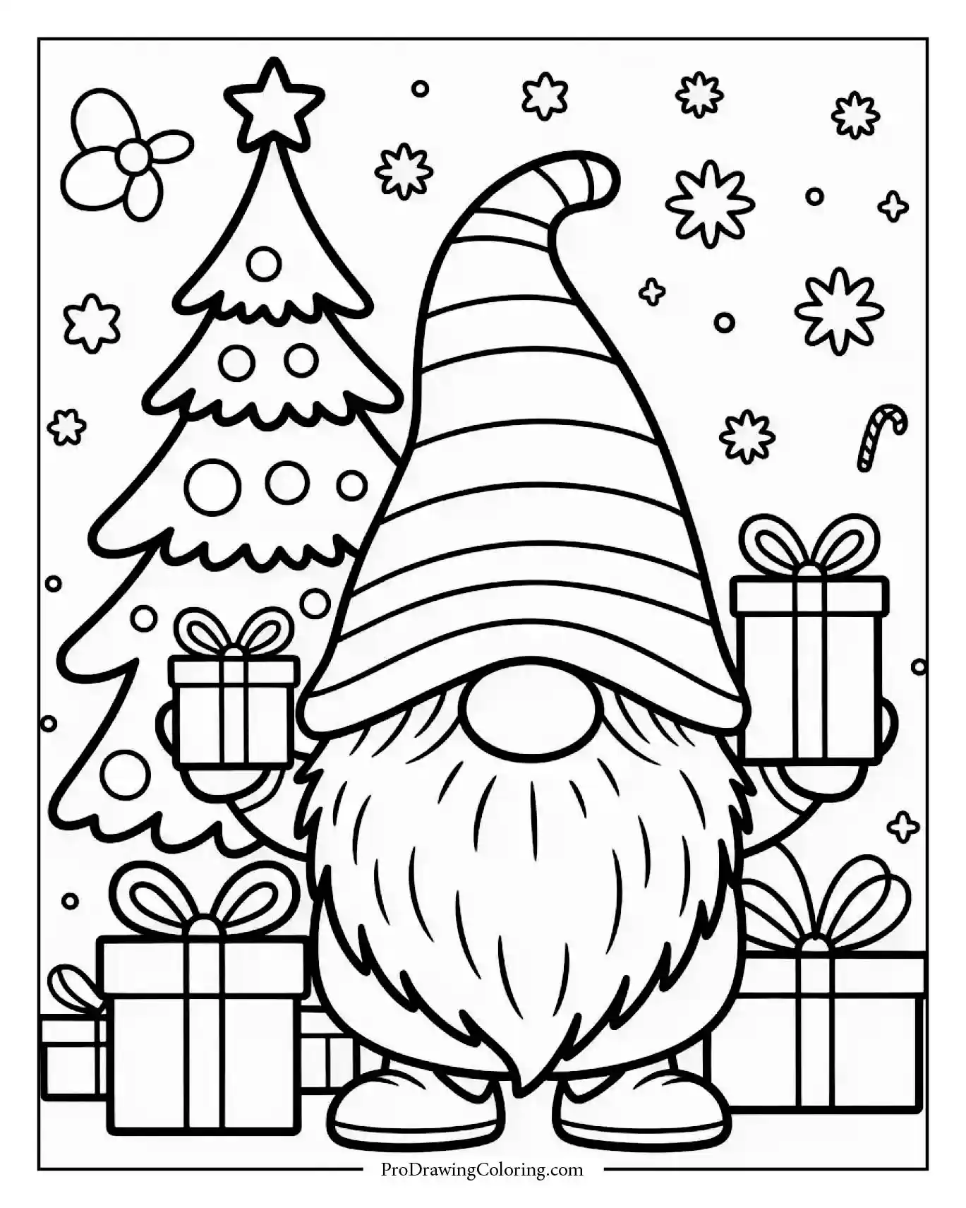 gnome with christmas tree Gnome character standing near a Christmas tree with gifts