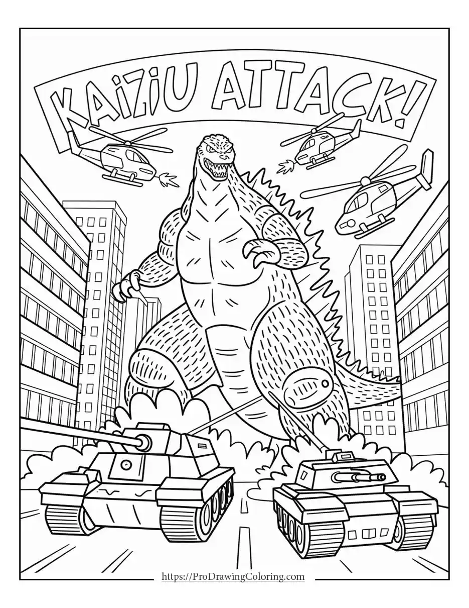 Godzilla attacked by helicopters