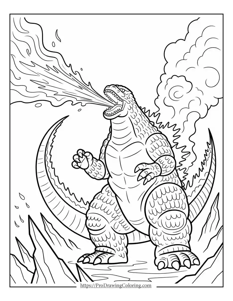 Free printable Godzilla coloring page breathing fire