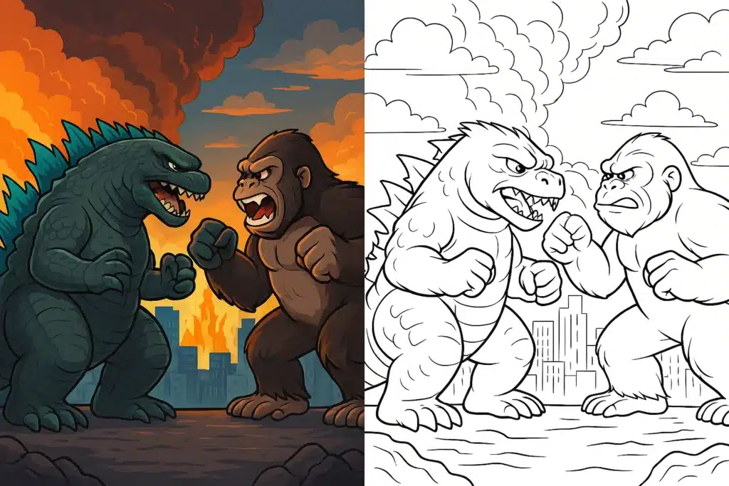 godzilla coloring pages – epic cartoon scene of Godzilla fighting King Kong in a burning city; left side fully colored with fiery sky and blue energy, right side black-and-white Godzilla coloring page for kids
