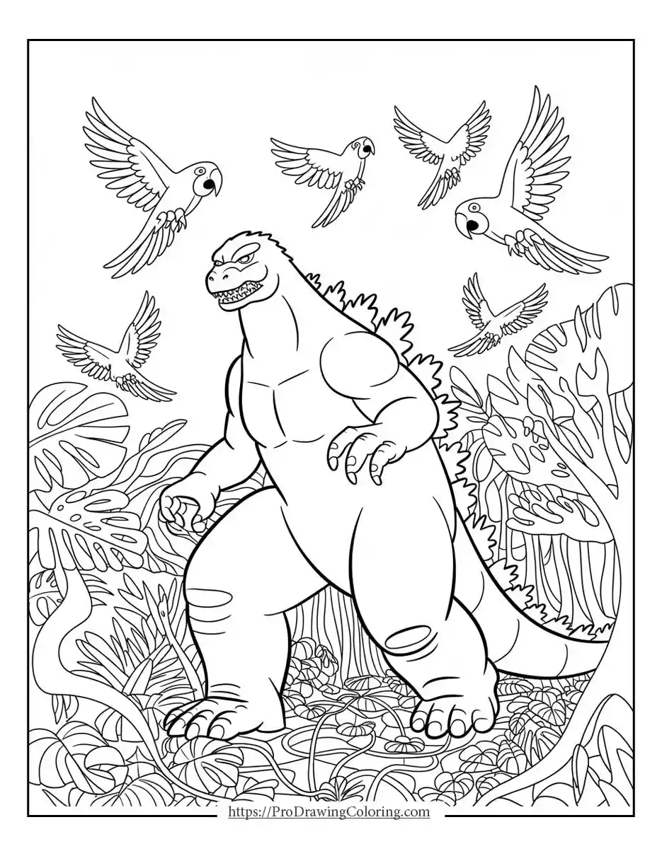 Godzilla walking in a jungle