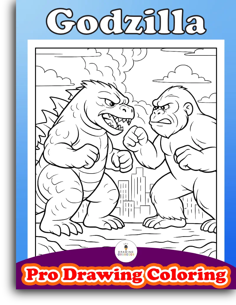 Super epic battle between Godzilla and Kong, black and white cartoon coloring page for kids and adult fans.