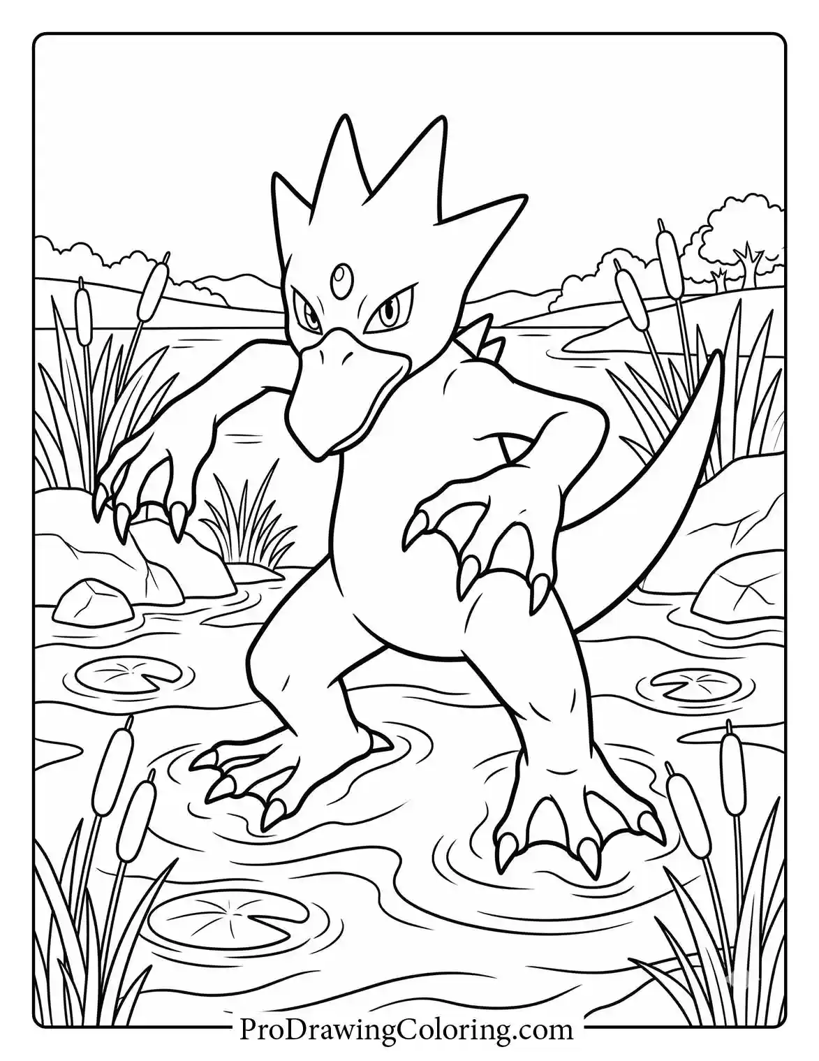 Golduck stands in a shallow marsh or water pond filled with lily pads, looking forward with a serious and focused expression, a cool Pokemon colouring sheet.