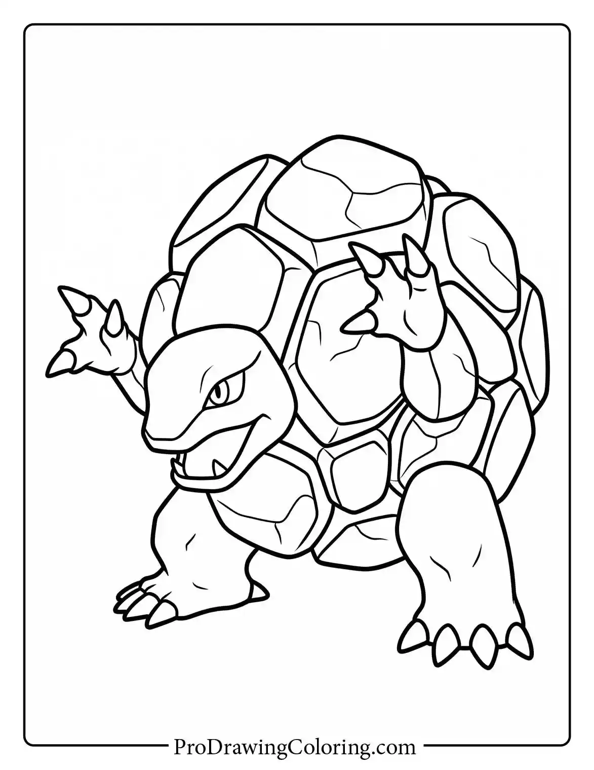 Coloring sheet of Golem standing aggressively, showing off its heavy, boulder-like shell and sharp claws, completely ready to defend itself in a game battle.
