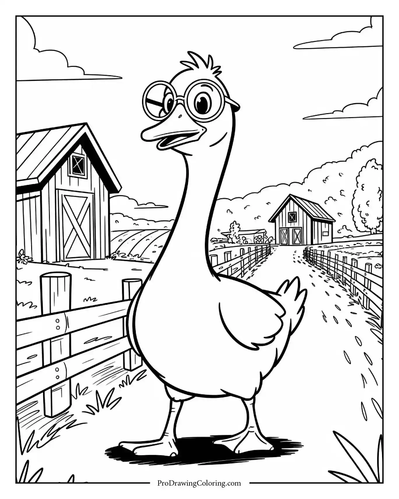Goose walking proudly on farm path wearing round glasses