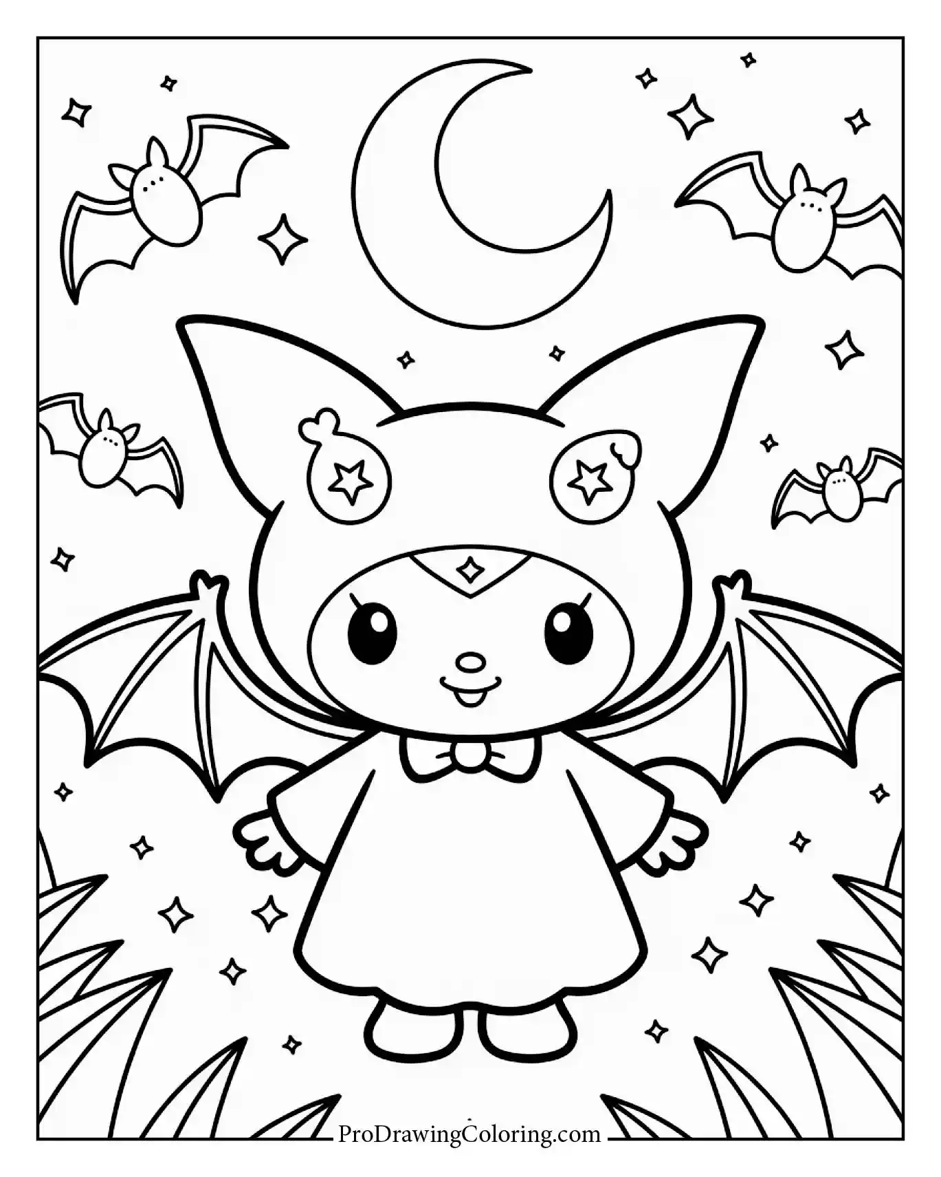 Gothic style Kuromi coloring sheet, dark aesthetic, gothic drawing.