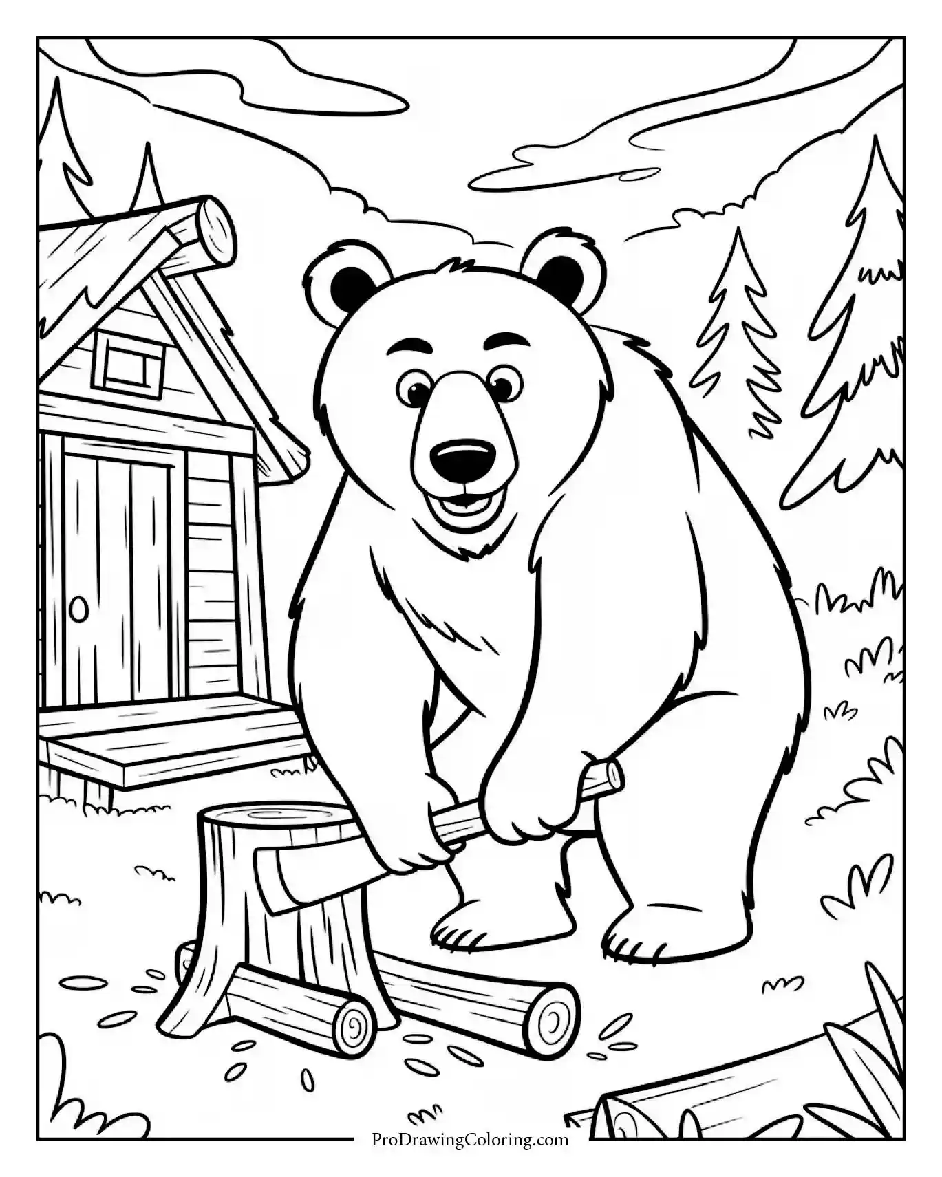 Relaxing bear scene printable for adults featuring a grizzly chopping wood