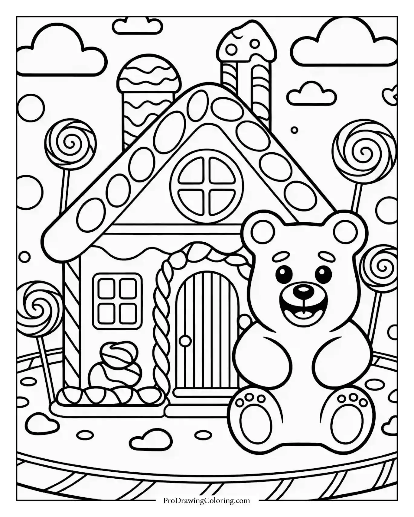 Funny gummy bear cartoon coloring design beside a candy house, printable sheet for kids